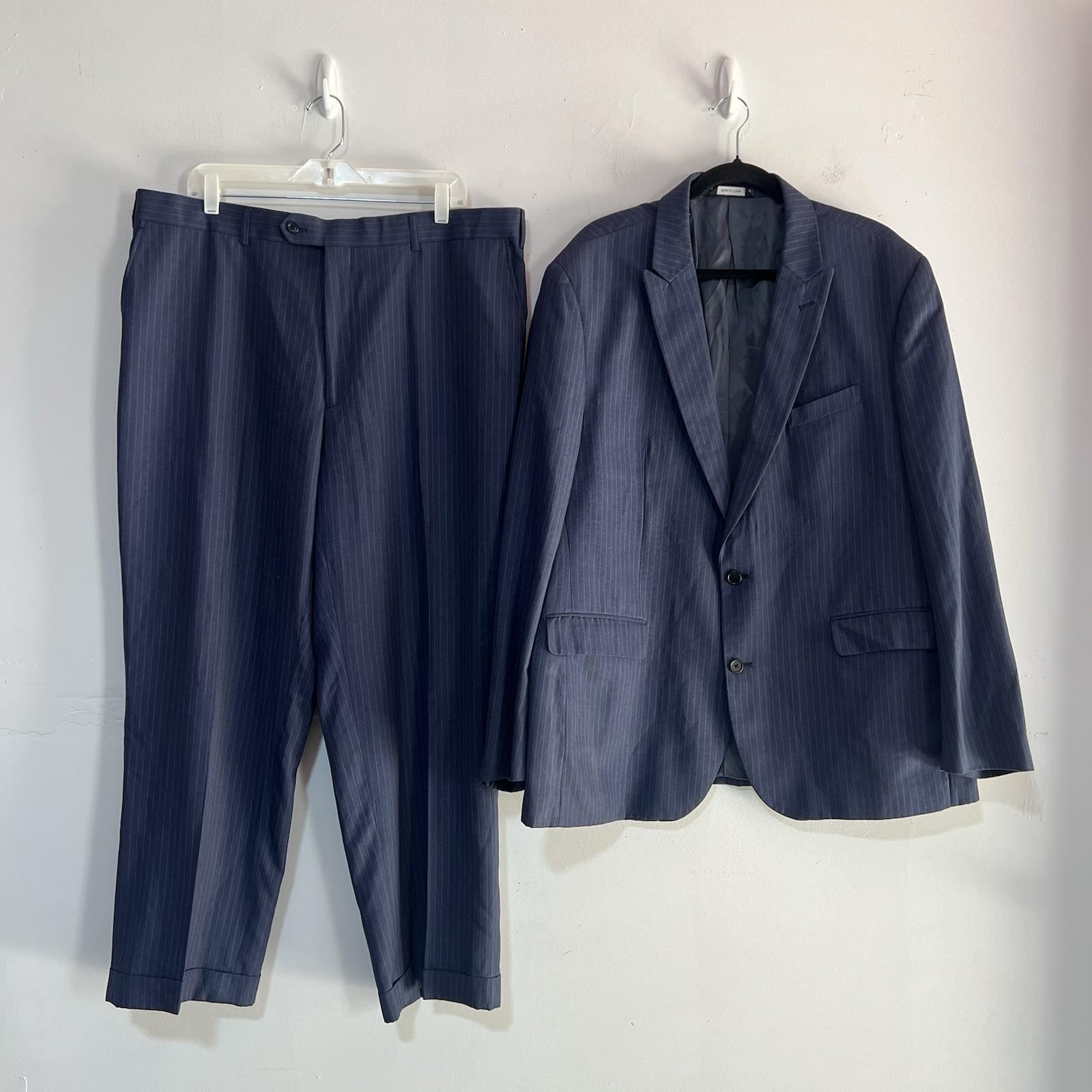 Beverly Hills Polo Club Men Blue Striped Suit 50R Pant 40R Flat Front 2 Button