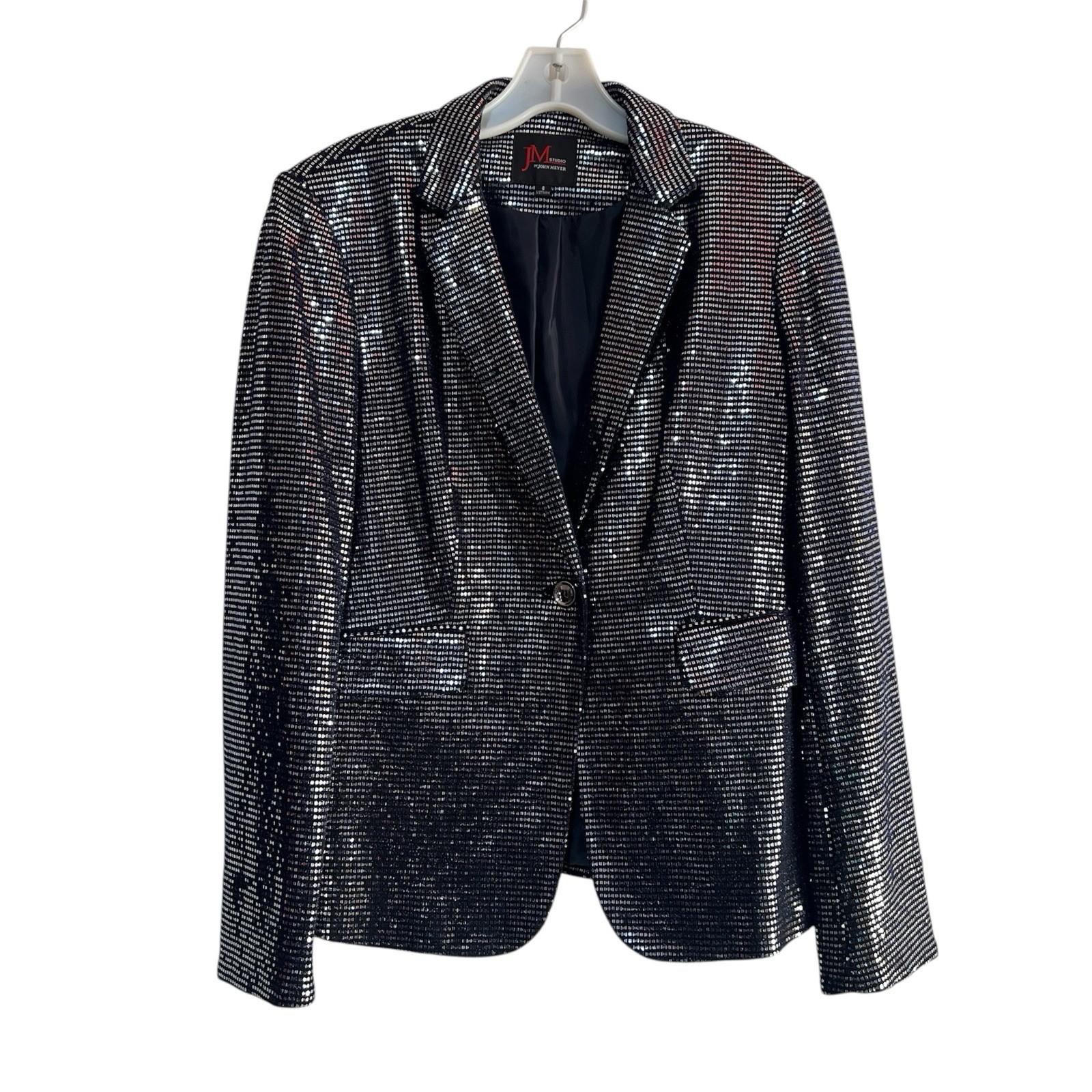 John Meyer Women Sequin Button Front Blazer Jacket Blue Silver Size 6