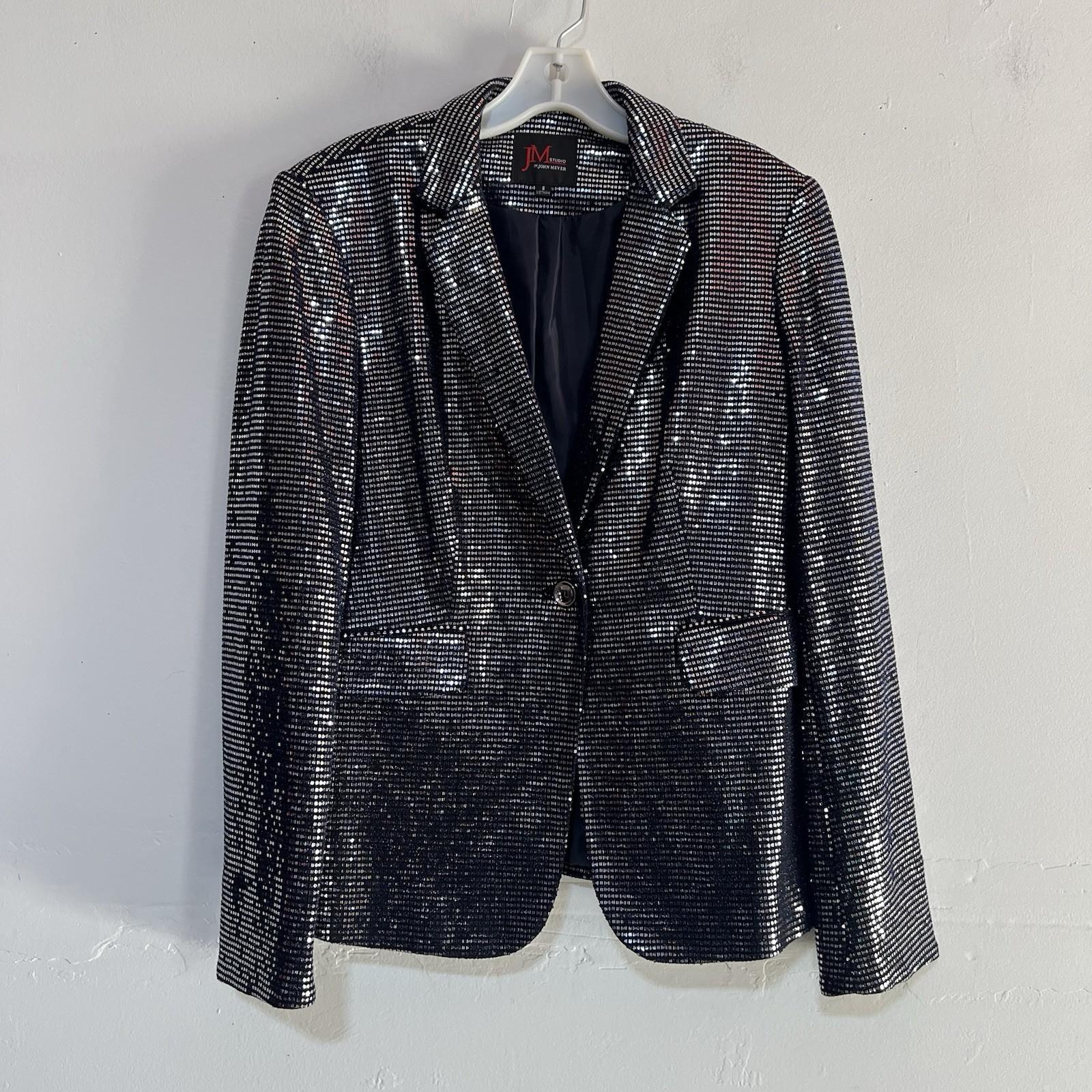 John Meyer Women Sequin Button Front Blazer Jacket Blue Silver Size 6