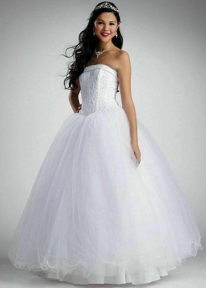 DAVID'S BRIDAL Strapless Tulle Lace Ball Gown White Wedding Dress Size 8 Beaded