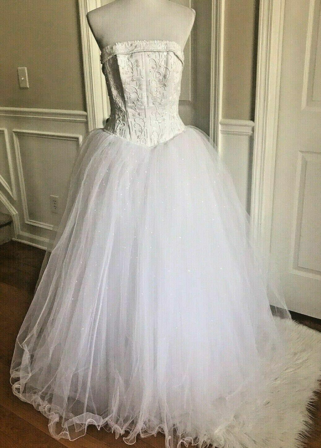DAVID'S BRIDAL Strapless Tulle Lace Ball Gown White Wedding Dress Size 8 Beaded
