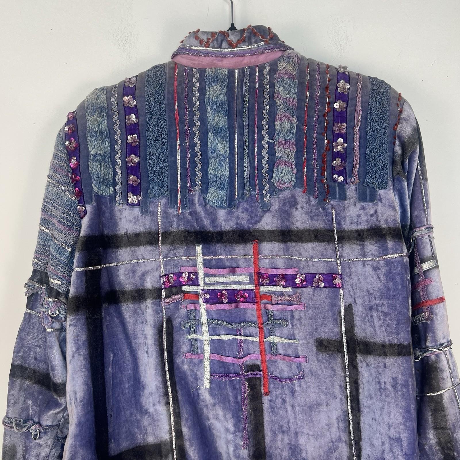 Vintage Sandy Starkman Artsy Jacket M Embroidered Crochet Patchwork Gray Pink