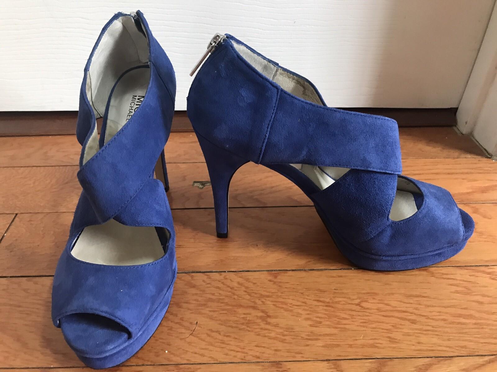 Michael Kors Leather Suede Peep Toe Pumps Shoes 8M Blue Strappy Back Zip