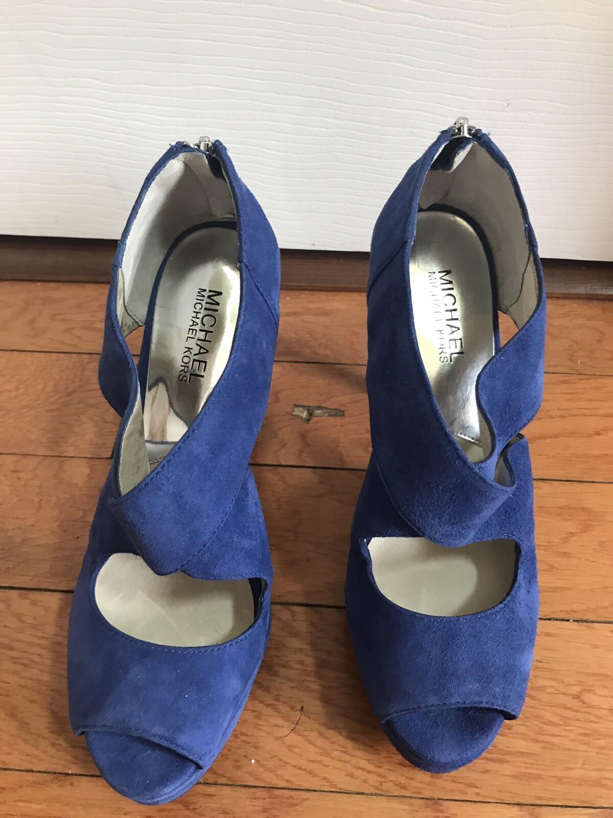 Michael Kors Leather Suede Peep Toe Pumps Shoes 8M Blue Strappy Back Zip