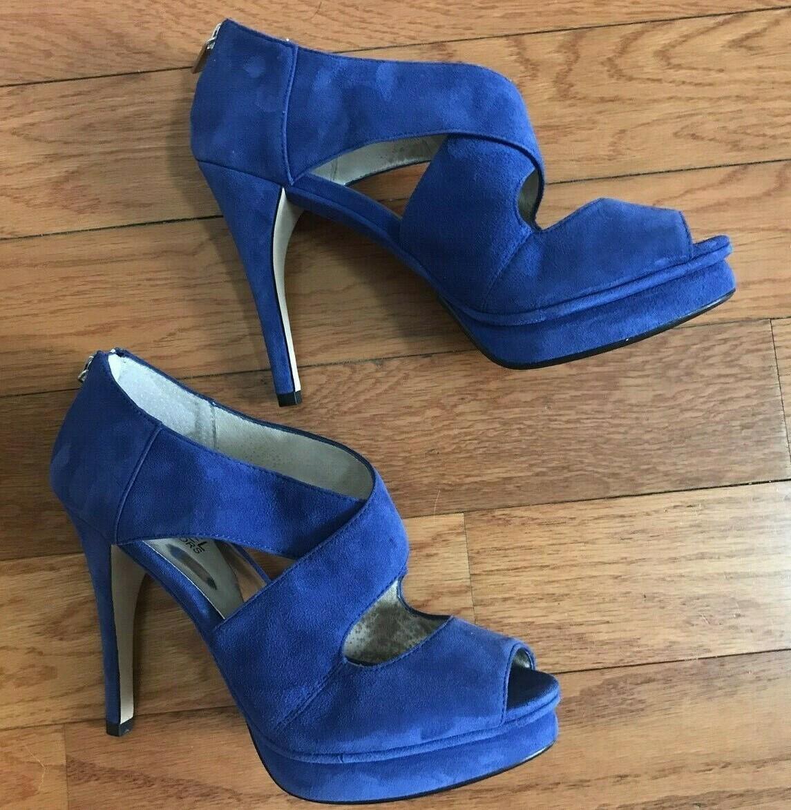Michael Kors Leather Suede Peep Toe Pumps Shoes 8M Blue Strappy Back Zip