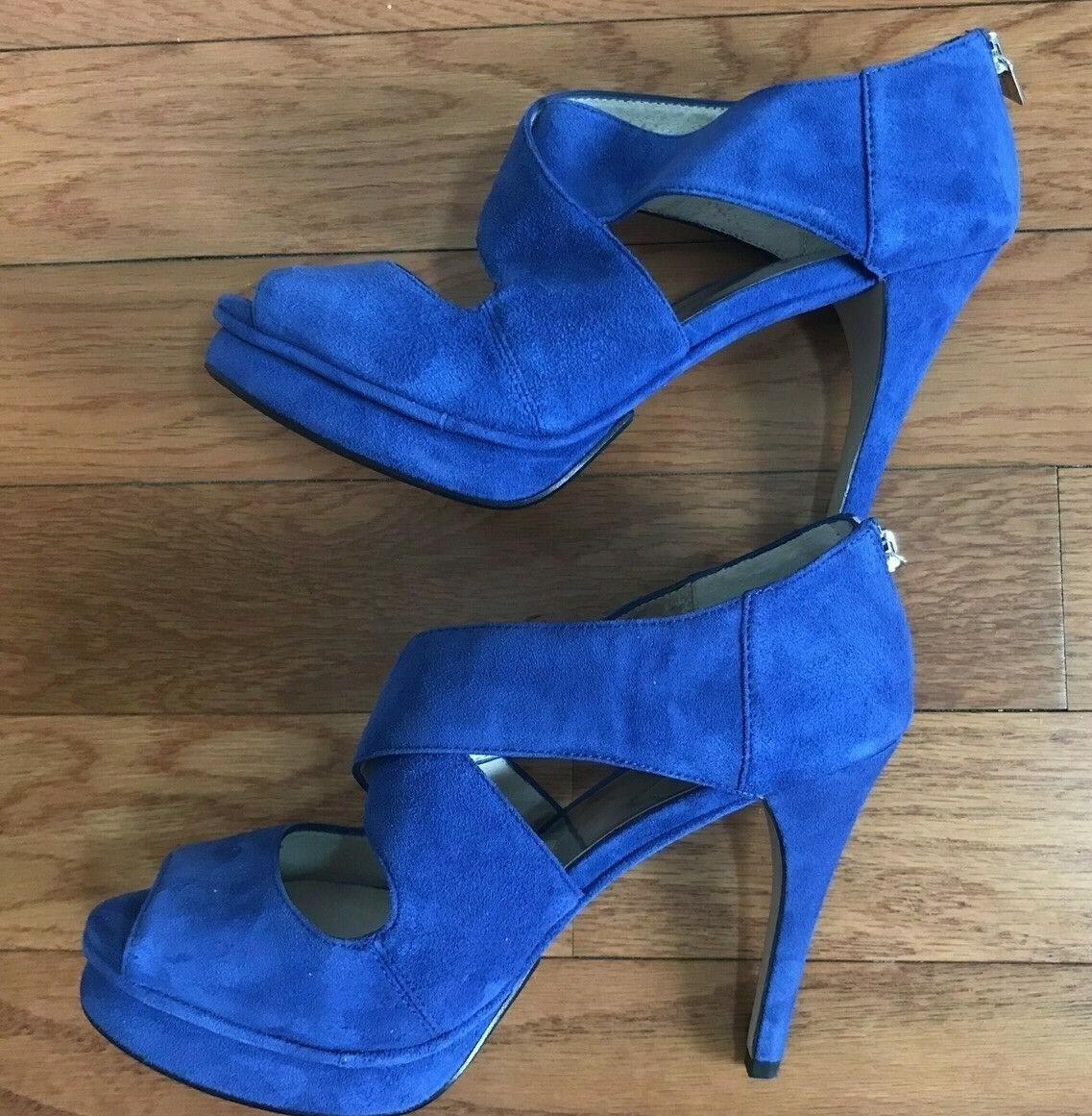 Michael Kors Leather Suede Peep Toe Pumps Shoes 8M Blue Strappy Back Zip