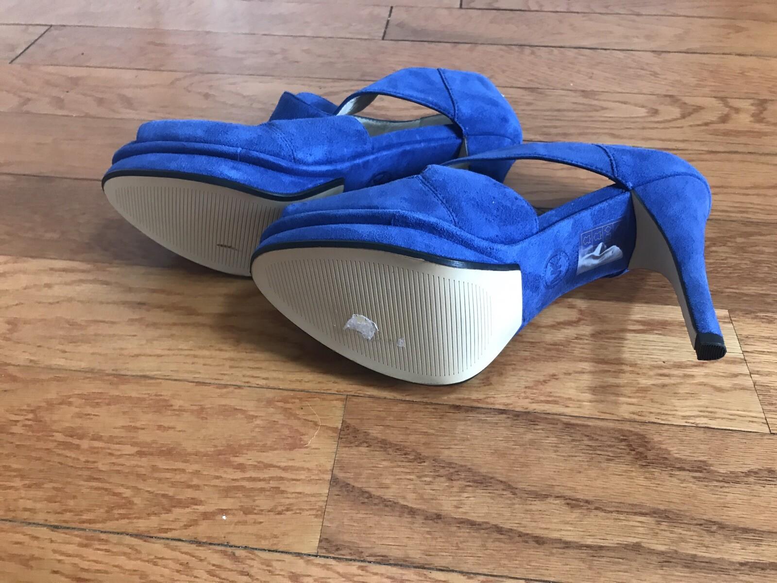 Michael Kors Leather Suede Peep Toe Pumps Shoes 8M Blue Strappy Back Zip
