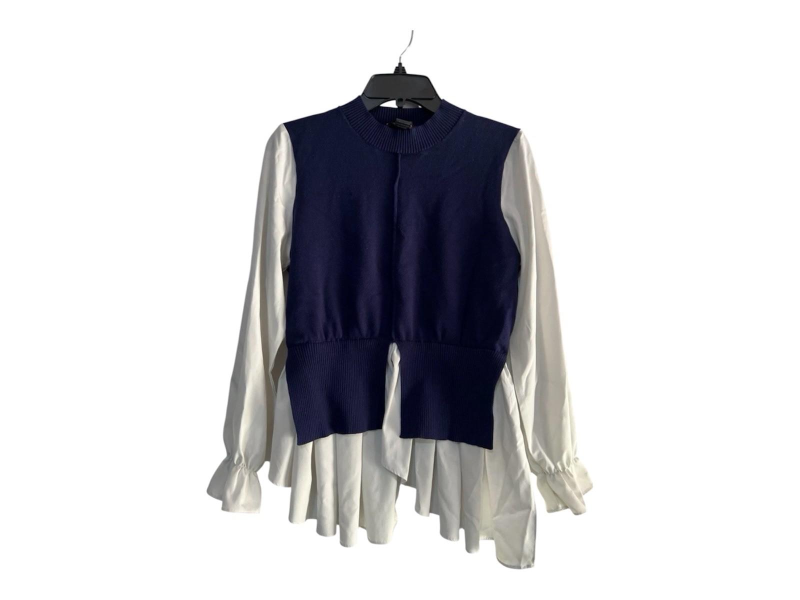 Gracia Women Sweater Blue Off White Size M Long Sleeves Ruffle Mock Neck Peplum