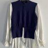 Gracia Women Sweater Blue Off White Size M Long Sleeves Ruffle Mock Neck Peplum