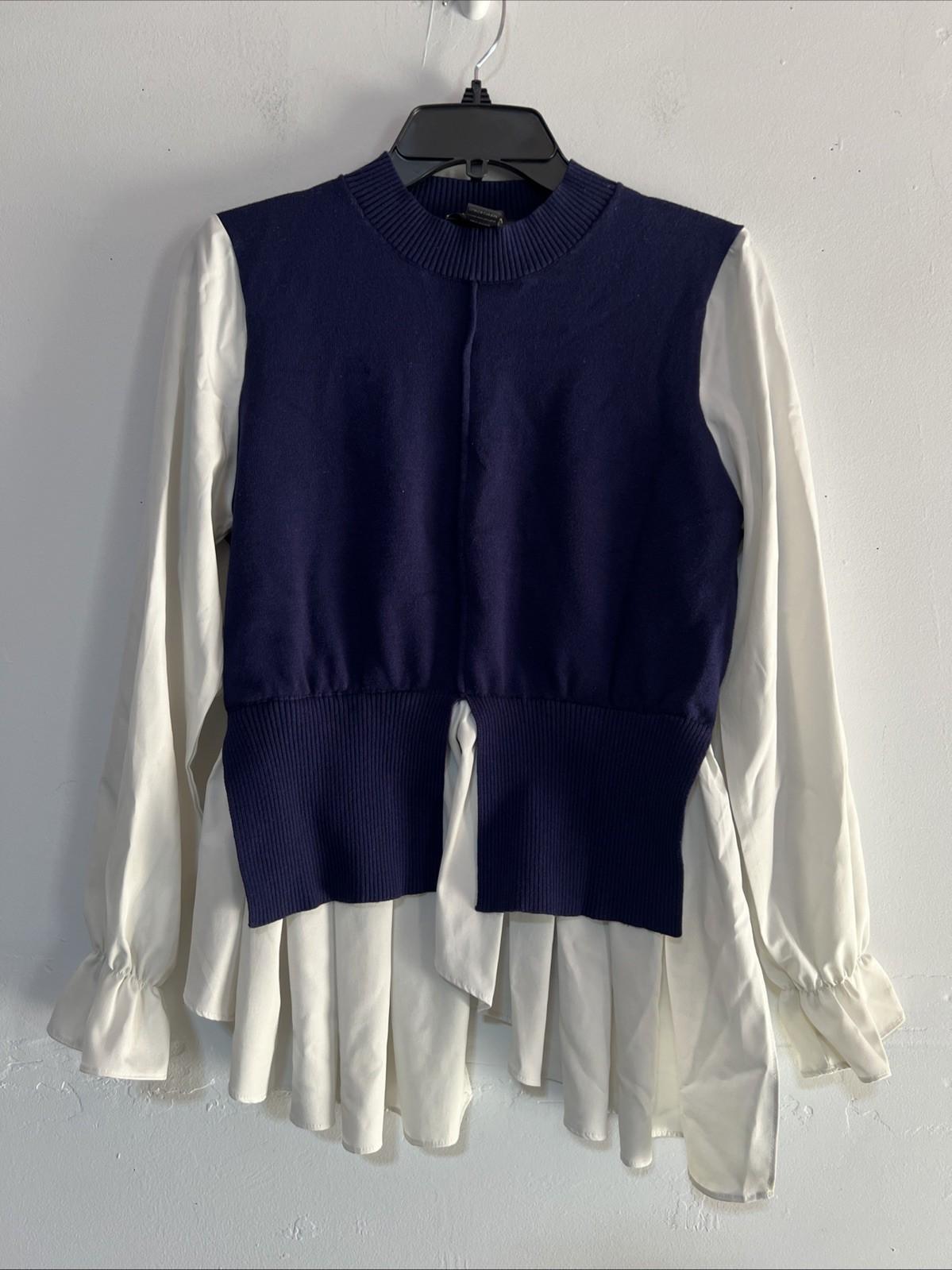 Gracia Women Sweater Blue Off White Size M Long Sleeves Ruffle Mock Neck Peplum