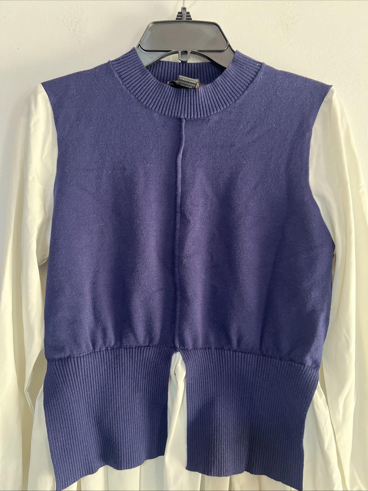 Gracia Women Sweater Blue Off White Size M Long Sleeves Ruffle Mock Neck Peplum
