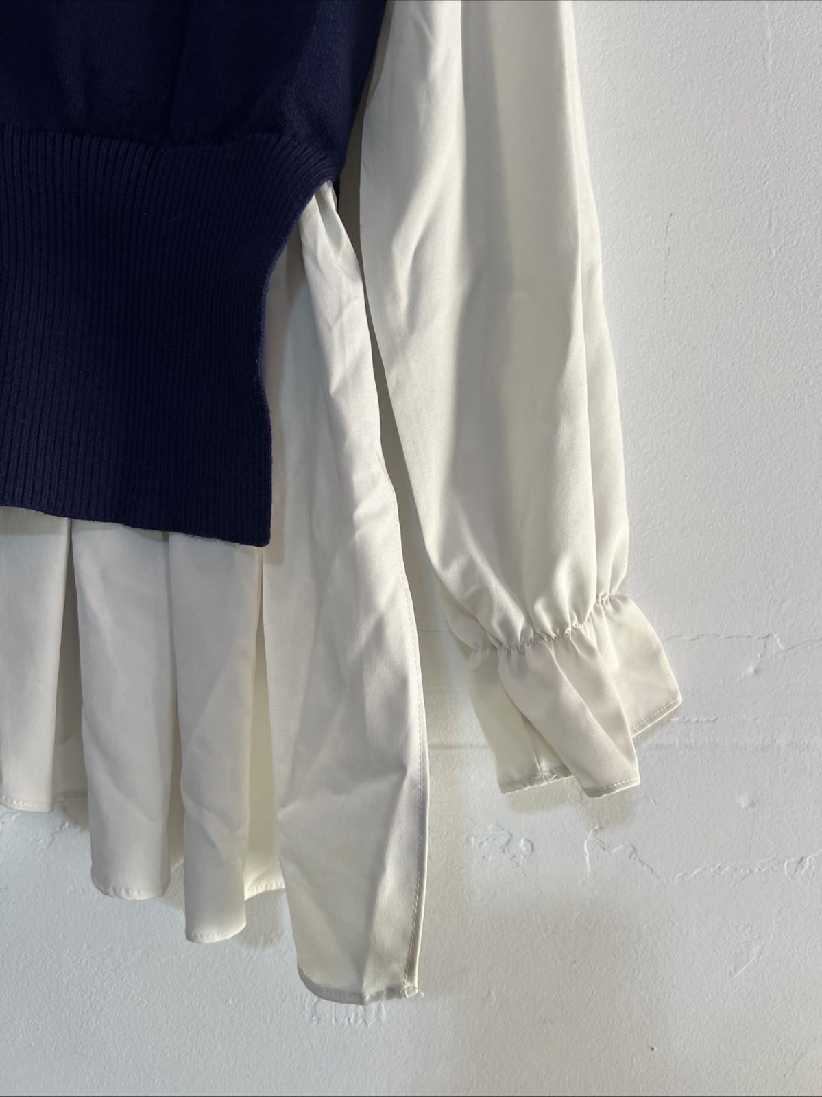 Gracia Women Sweater Blue Off White Size M Long Sleeves Ruffle Mock Neck Peplum