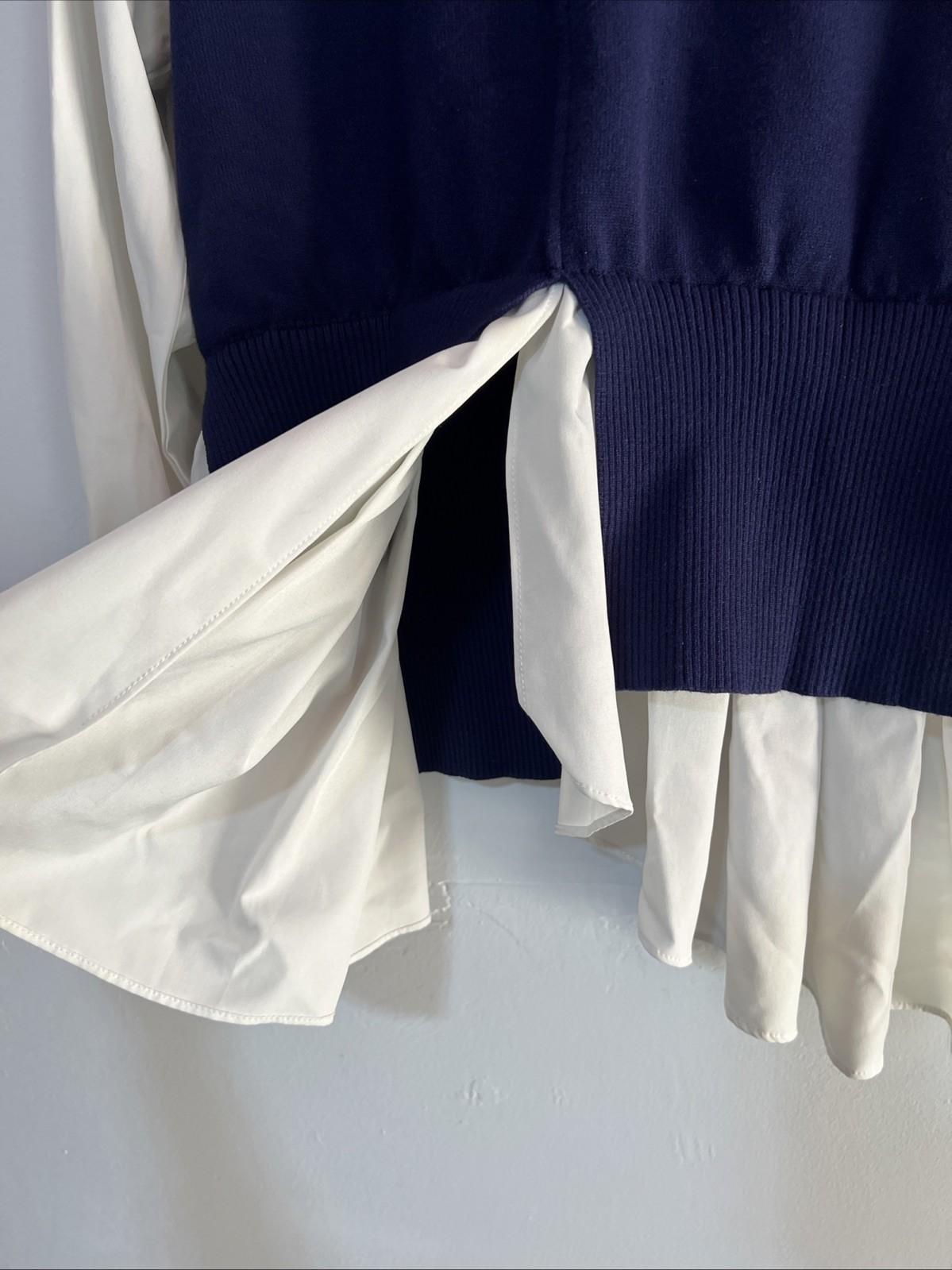 Gracia Women Sweater Blue Off White Size M Long Sleeves Ruffle Mock Neck Peplum