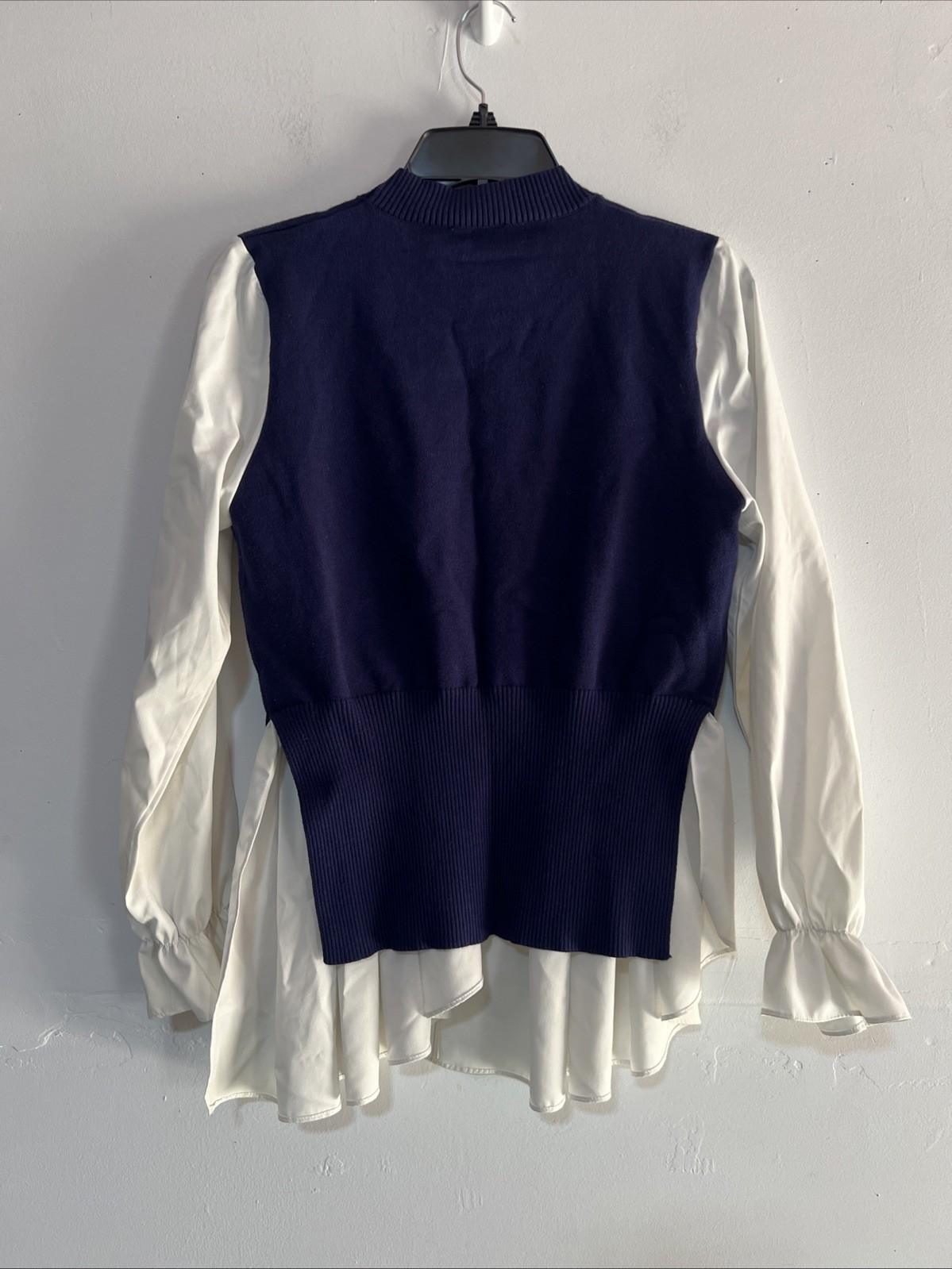 Gracia Women Sweater Blue Off White Size M Long Sleeves Ruffle Mock Neck Peplum