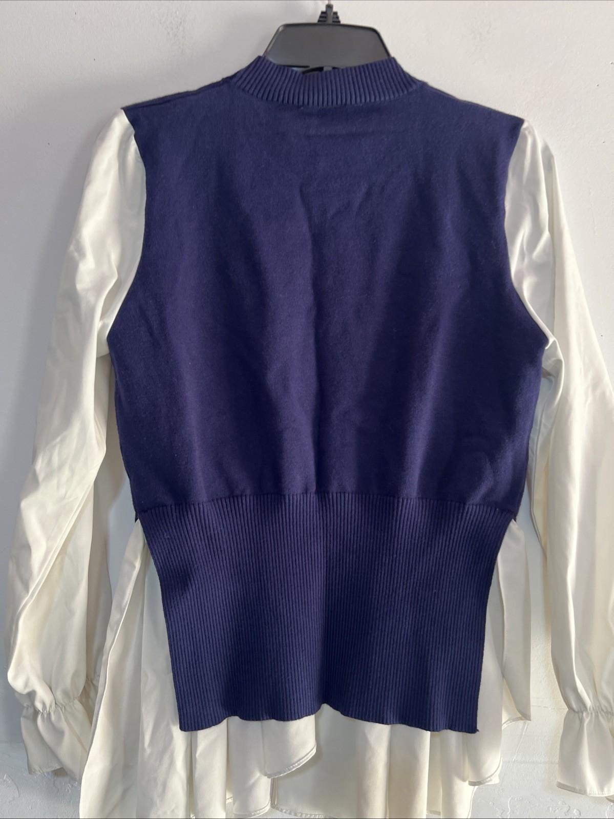 Gracia Women Sweater Blue Off White Size M Long Sleeves Ruffle Mock Neck Peplum