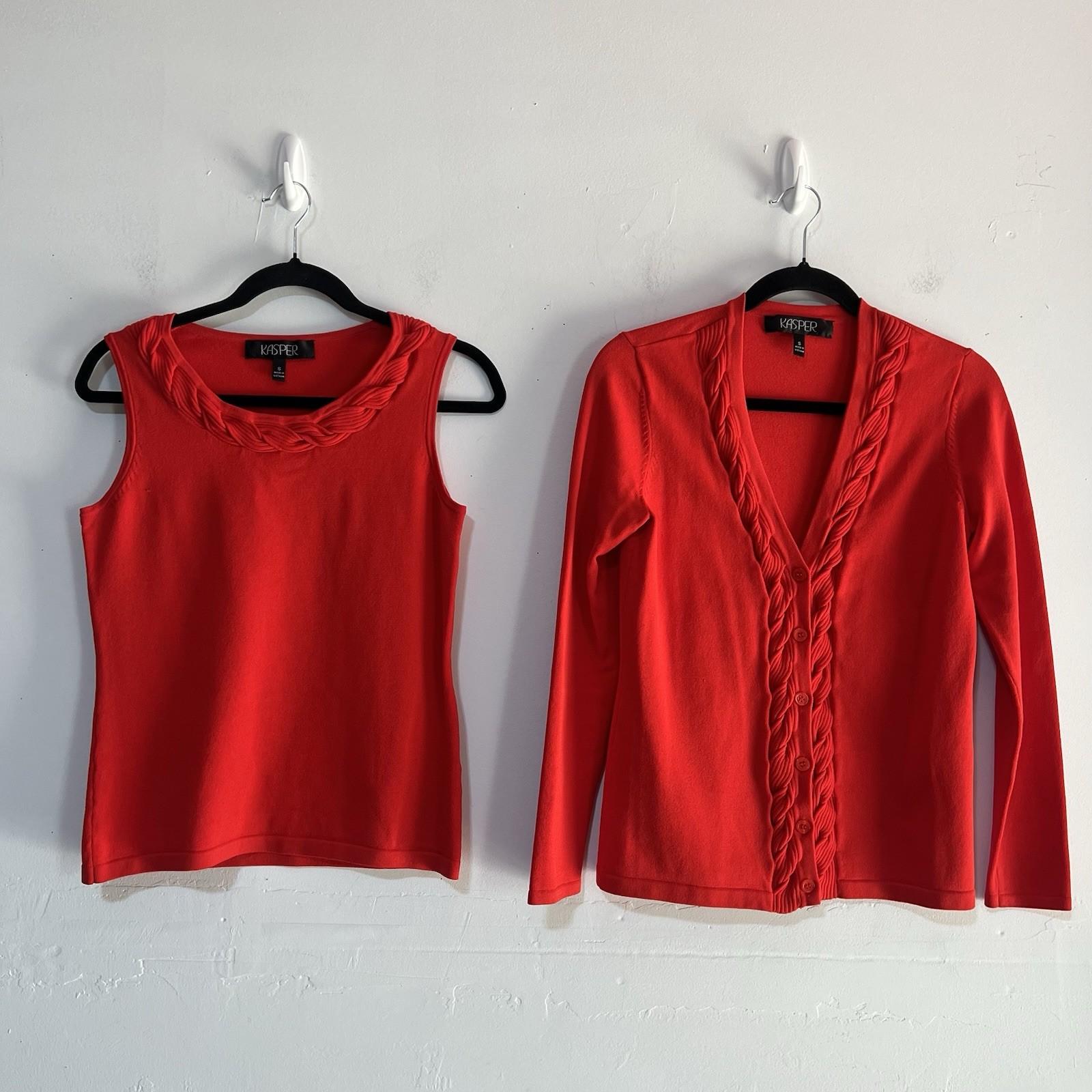 Kasper Women Sweater Set Tank & Cardigan Rayon Nylon Size S Orange Tight knit