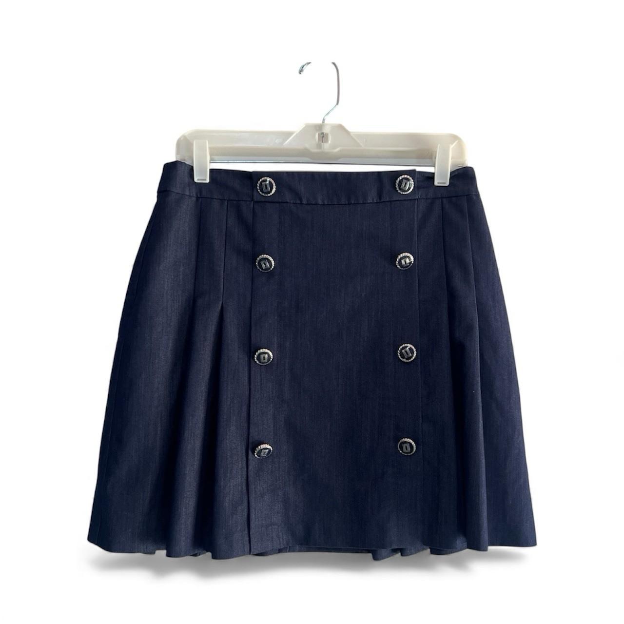 Karl Lagerfeld Cotton Pleated Mini Skirt Size 6 Blue Denim Button Trim Retro
