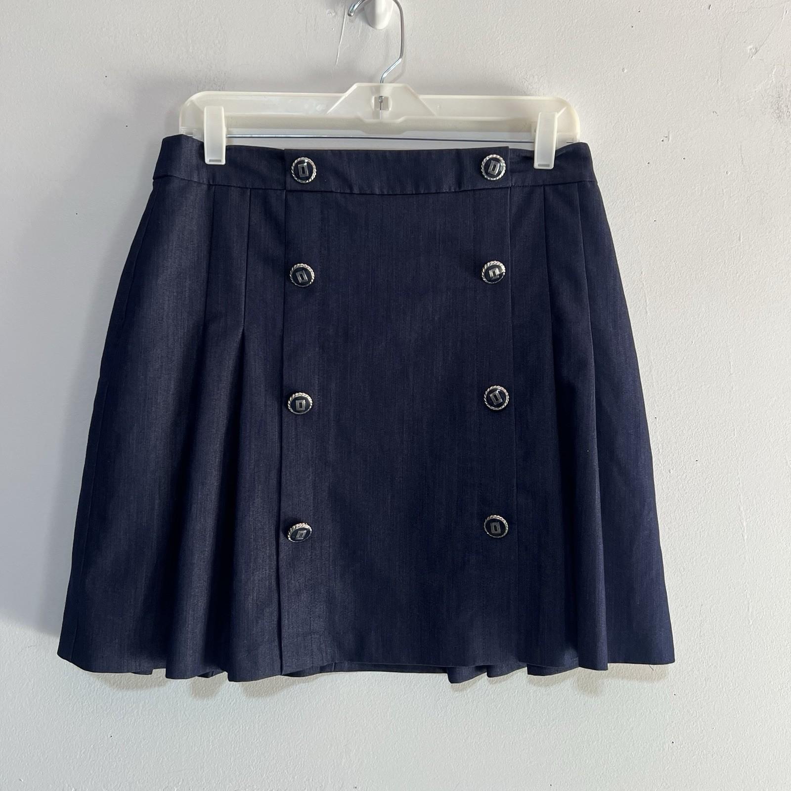 Karl Lagerfeld Cotton Pleated Mini Skirt Size 6 Blue Denim Button Trim Retro