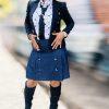 Karl Lagerfeld Cotton Pleated Mini Skirt Size 6 Blue Denim Button Trim Retro
