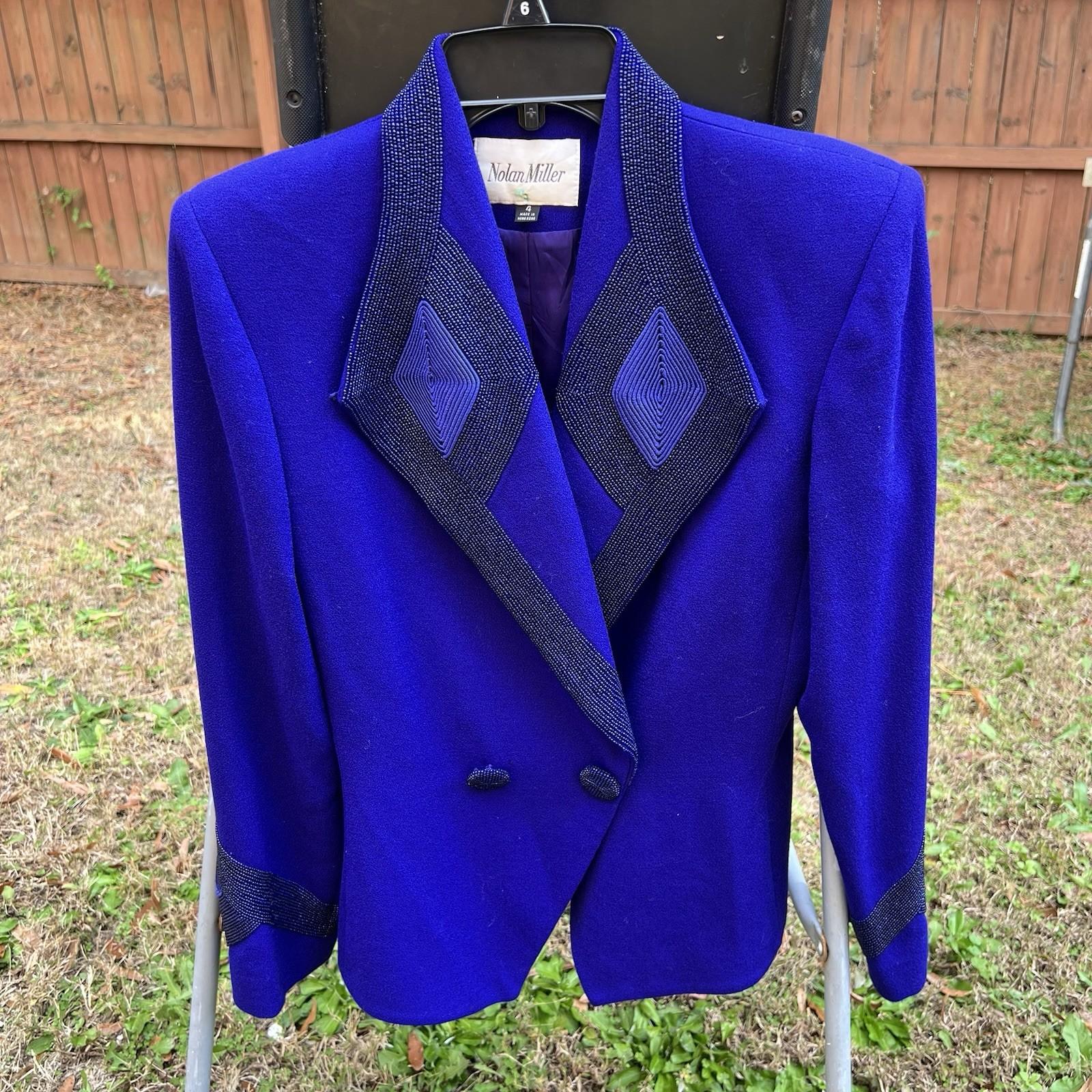 Nolan Miller Vintage Wool Beaded Blazer Size 4 Purple Shawl Collar Timeless