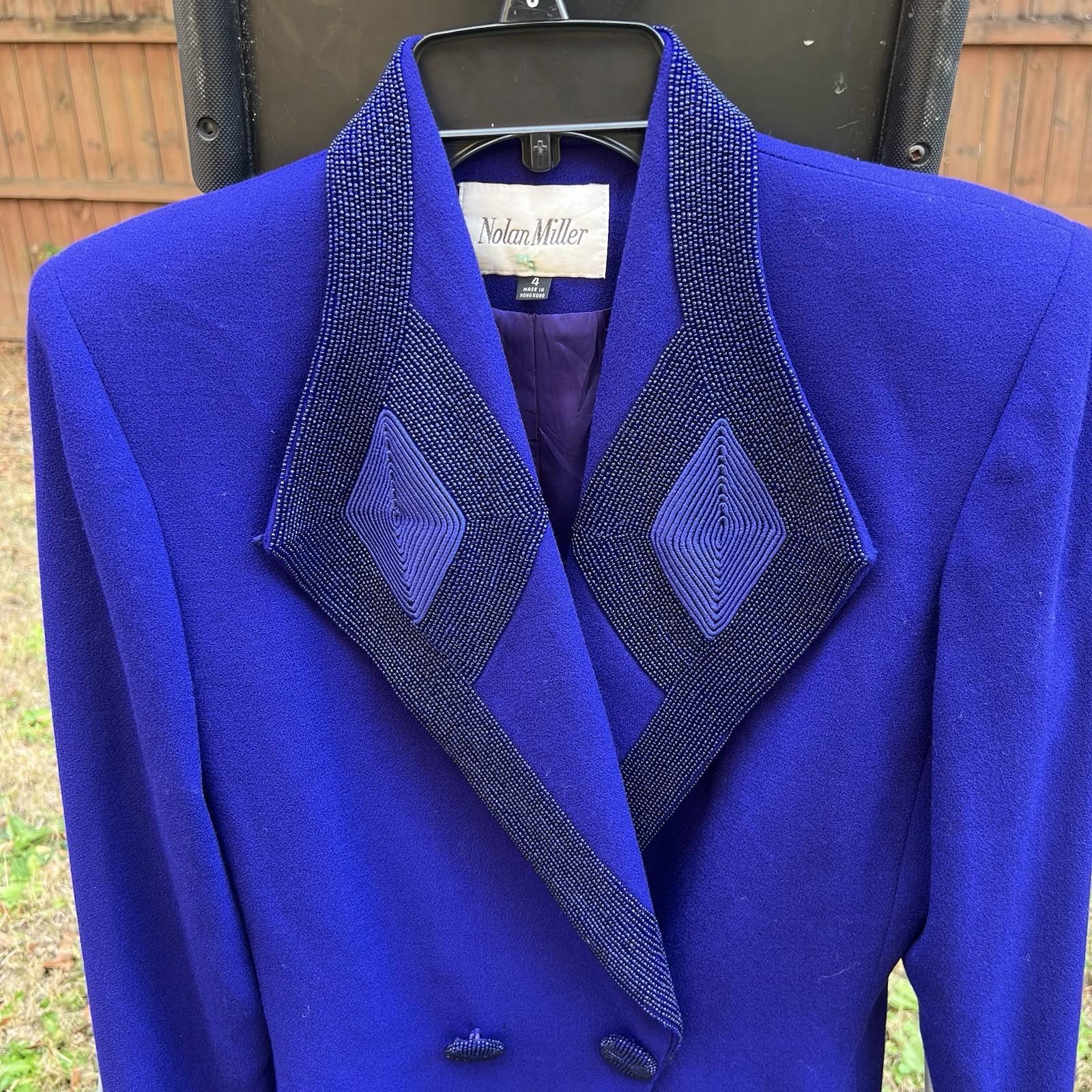 Nolan Miller Vintage Wool Beaded Blazer Size 4 Purple Shawl Collar Timeless