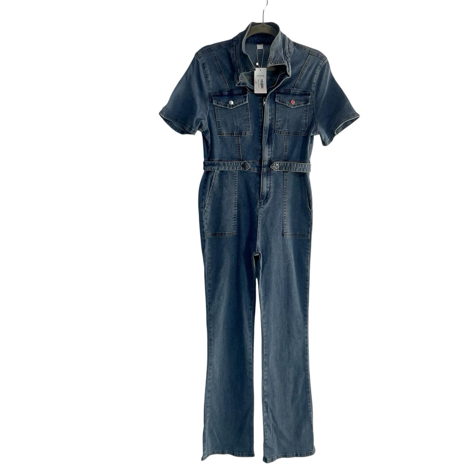 DG Rye Stretch Denim Jumpsuit  Size L Medium Blue Short Sleeve Half Zip New
