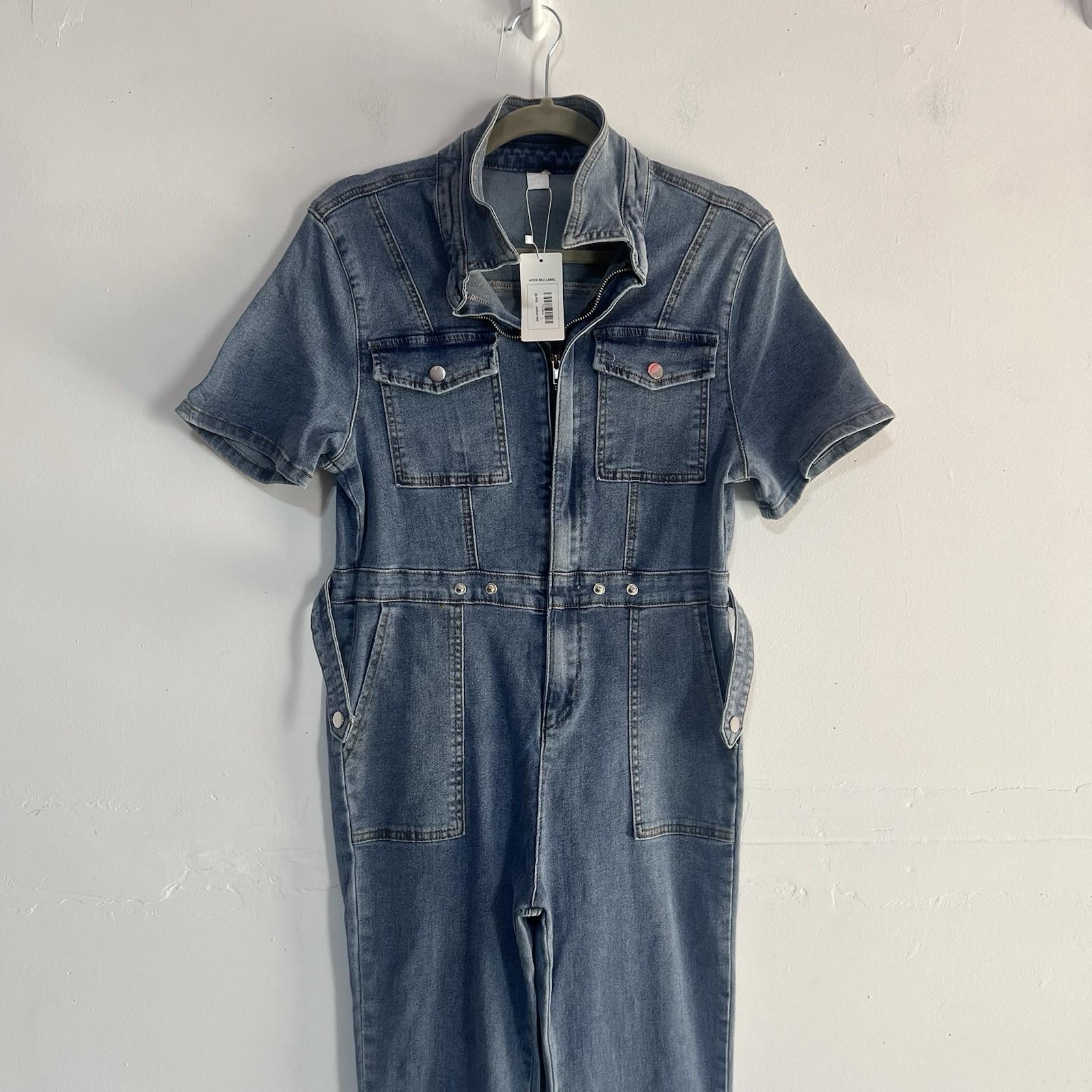 DG Rye Stretch Denim Jumpsuit  Size L Medium Blue Short Sleeve Half Zip New