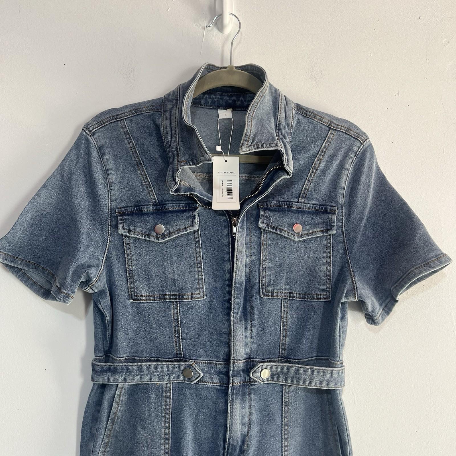 DG Rye Stretch Denim Jumpsuit  Size L Medium Blue Short Sleeve Half Zip New