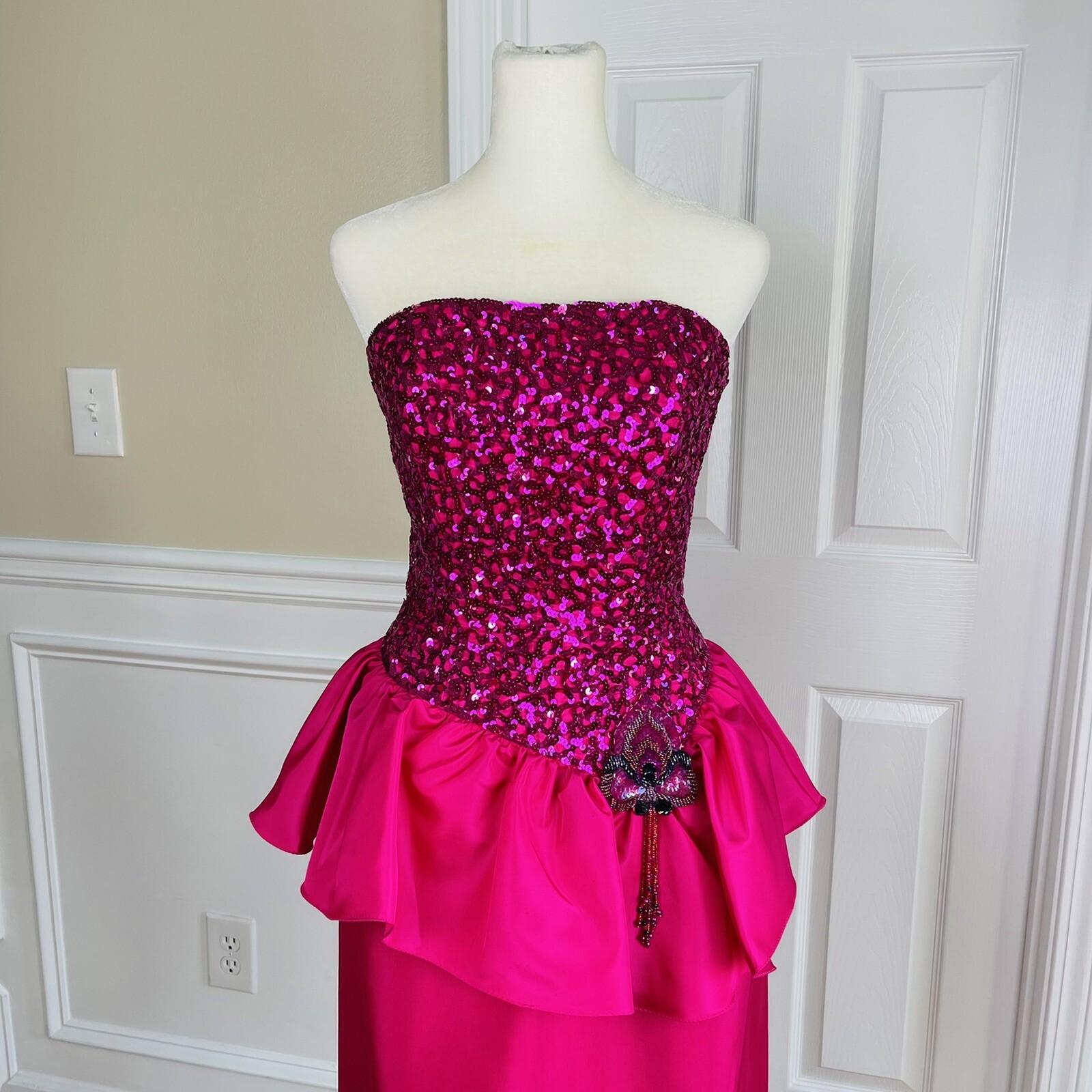 10-7429.jpg Mike Benet Polyester Prom Dress Size 8 Vintage Fuchsia Sequin Strapless Ruffle