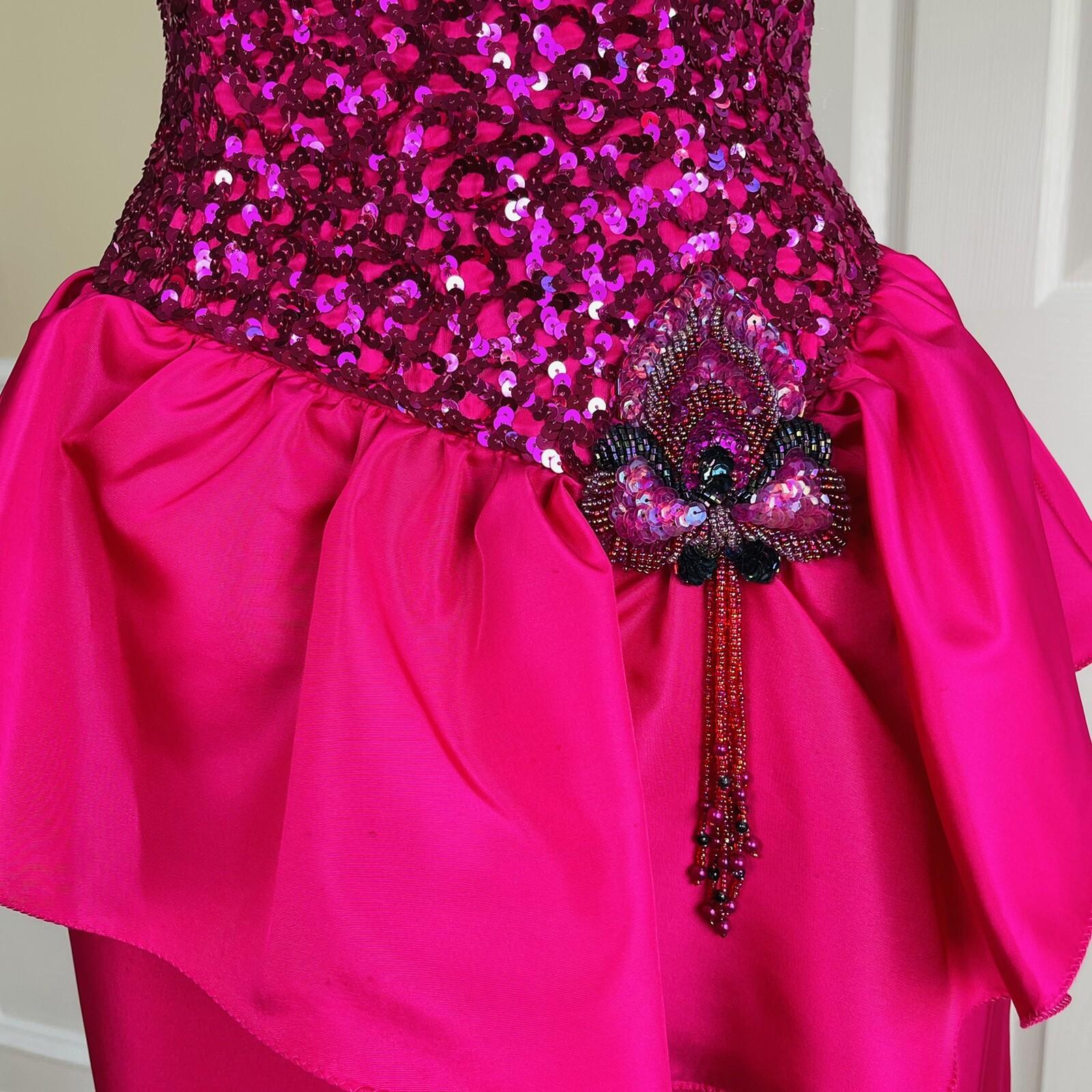 10-7431.jpg Mike Benet Polyester Prom Dress Size 8 Vintage Fuchsia Sequin Strapless Ruffle