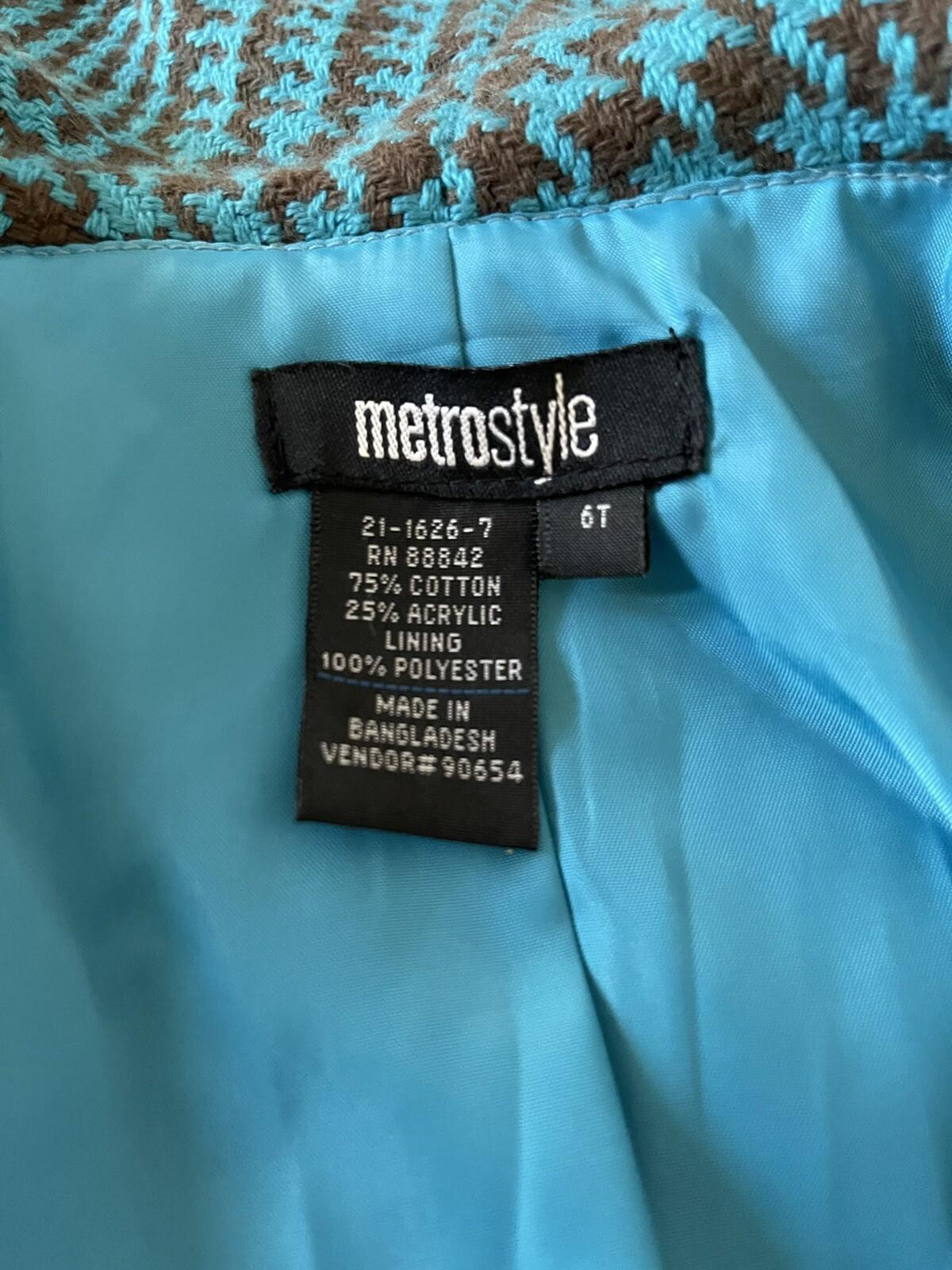 METROSTYLE 1PC Tweed Blue Black Ruffle Shawl Collar Blazer Jacket Size 6T