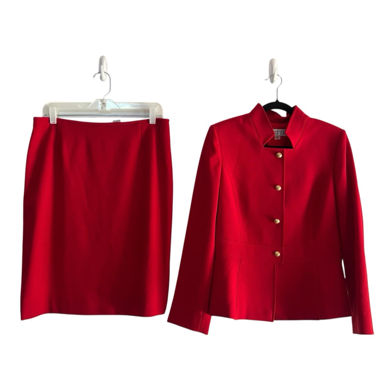 Tahari ASL Polyester Stretch Skirt Suit Size 10 Red Lined Stand Up Collar 2PC