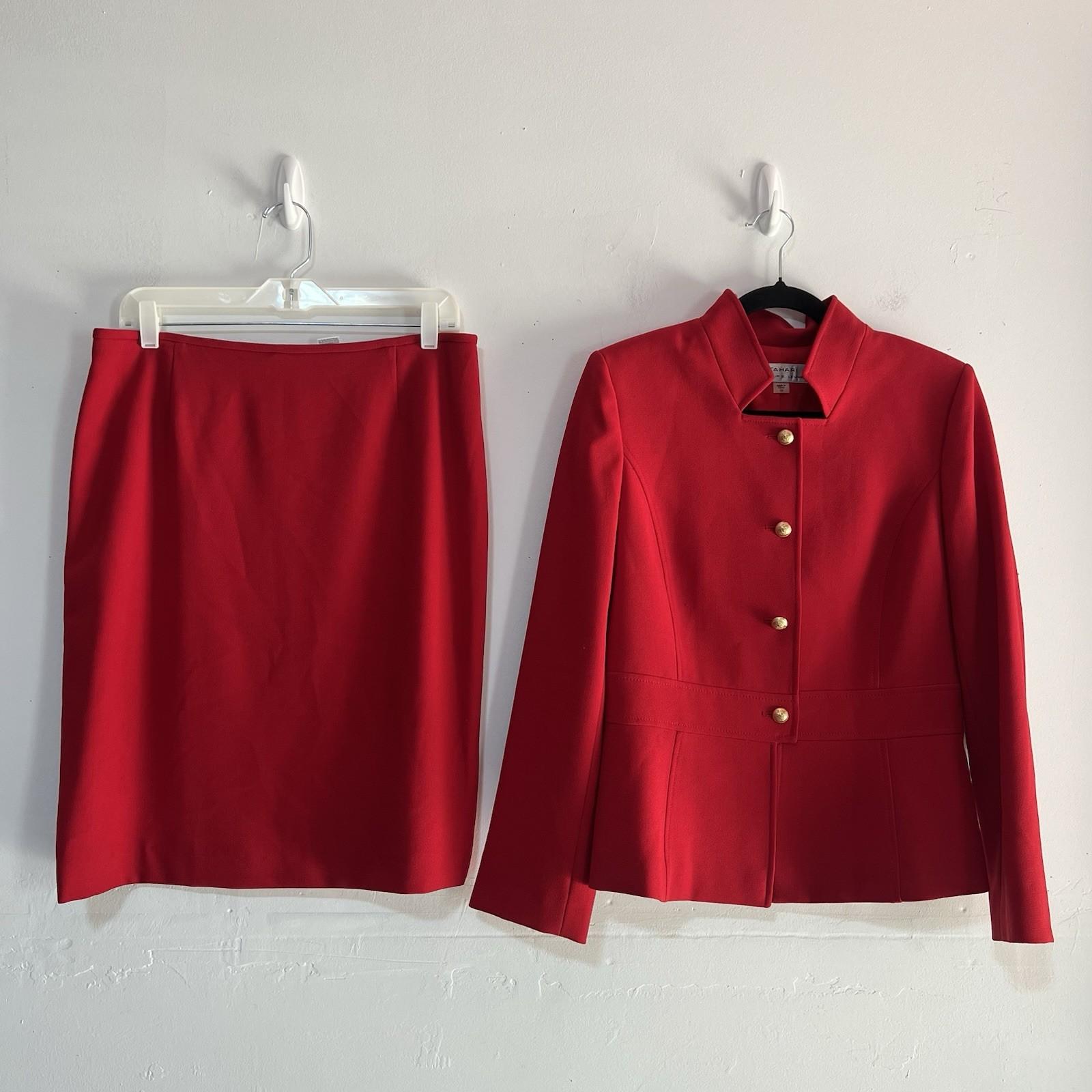 Tahari ASL Polyester Stretch Skirt Suit Size 10 Red Lined Stand Up Collar 2PC
