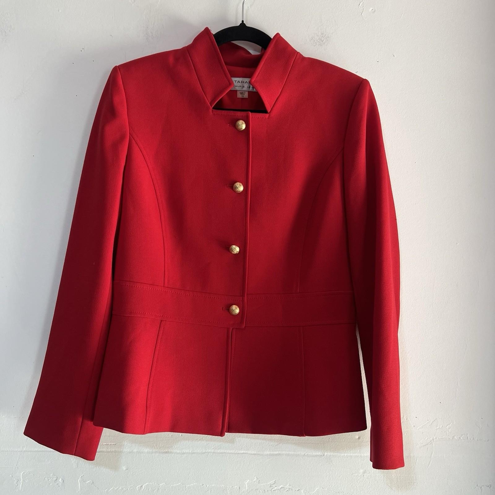 Tahari ASL Polyester Stretch Skirt Suit Size 10 Red Lined Stand Up Collar 2PC