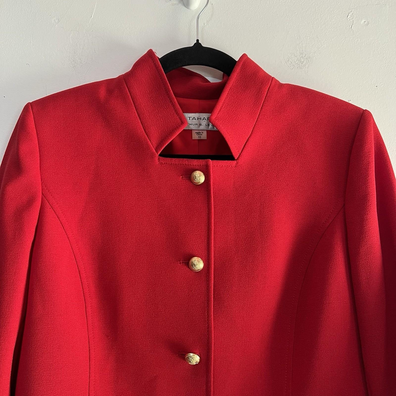 Tahari ASL Polyester Stretch Skirt Suit Size 10 Red Lined Stand Up Collar 2PC