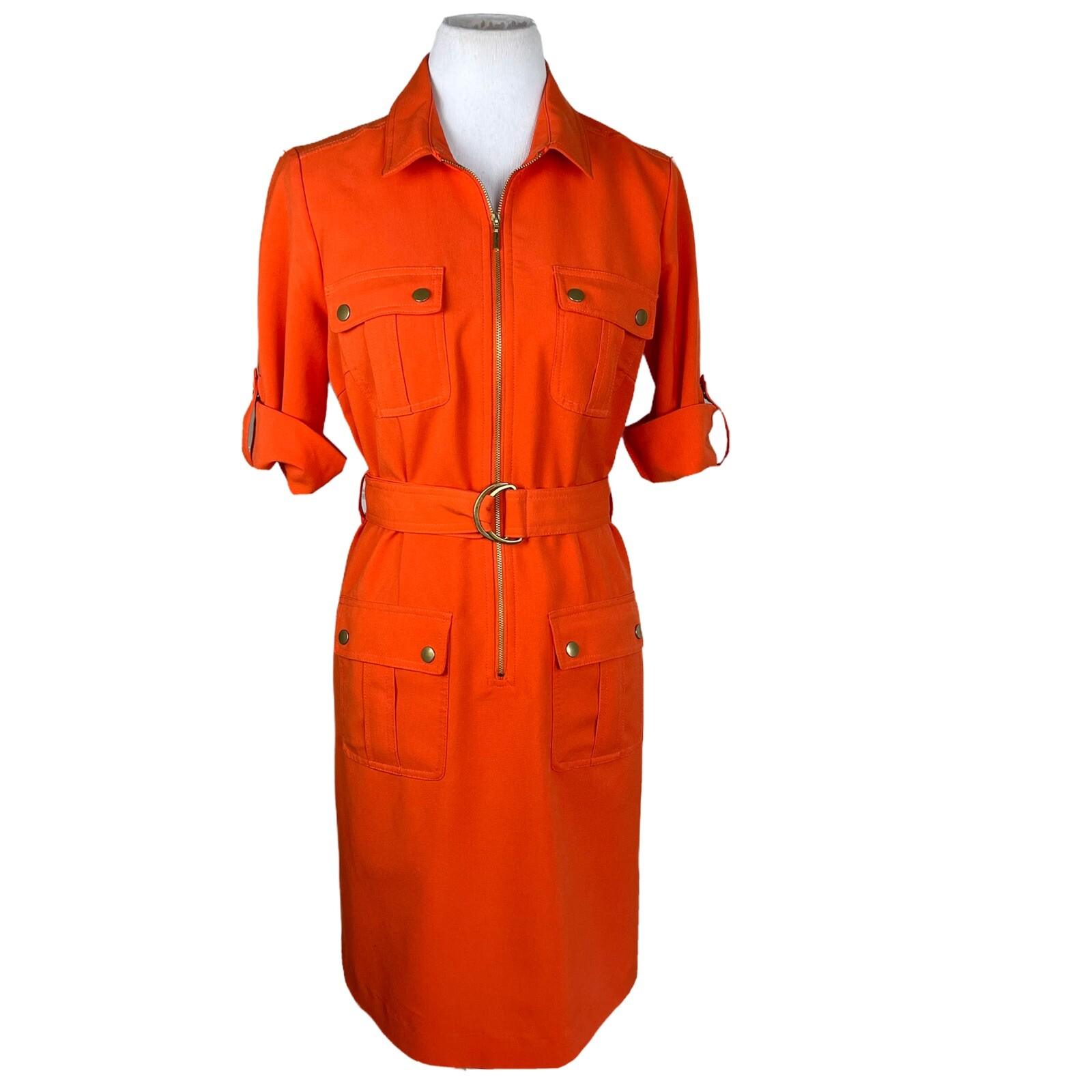 SHARAGANO Women  Dress Size 6 Orange Belted Zip Up A-Line Roll Tab Sleeves
