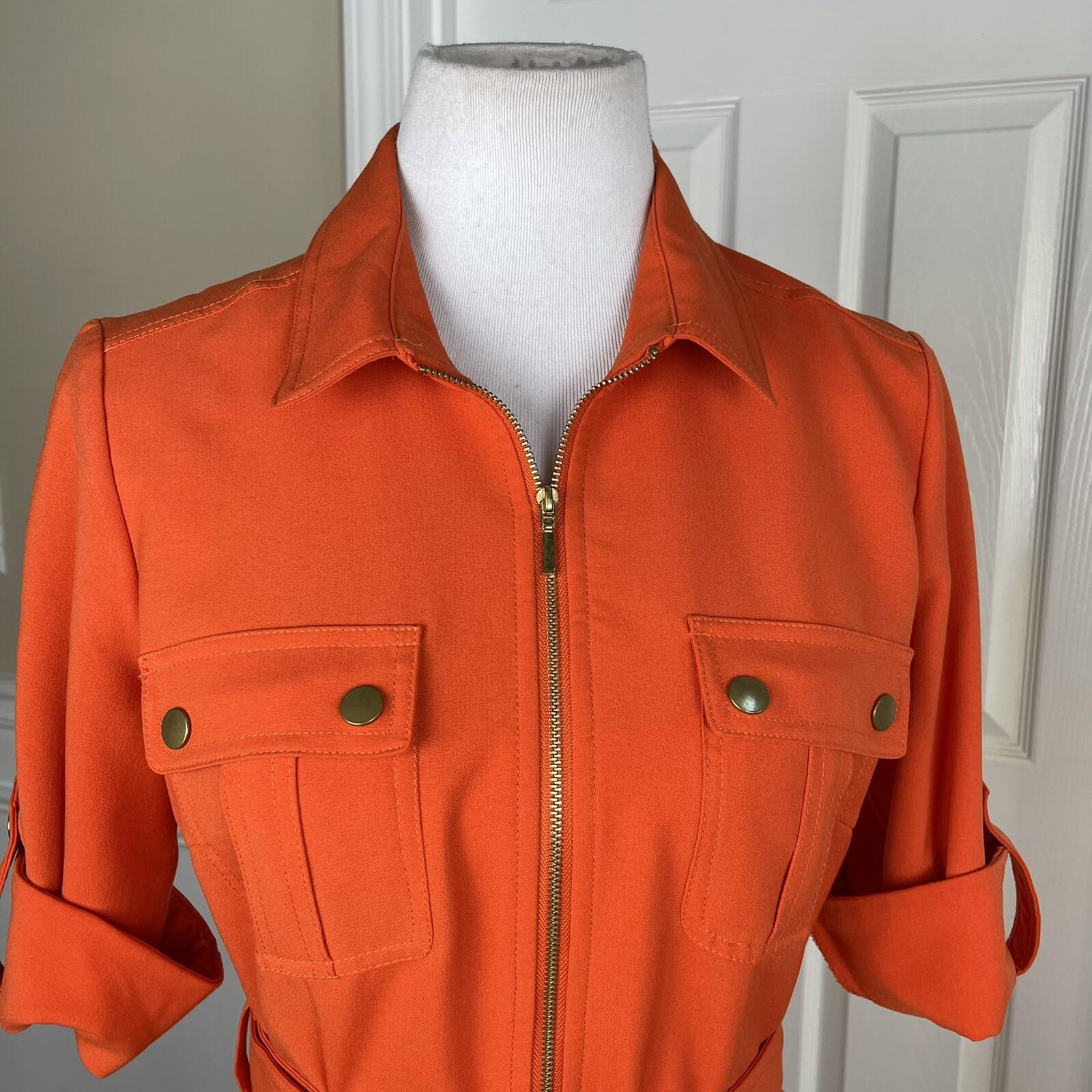 SHARAGANO Women  Dress Size 6 Orange Belted Zip Up A-Line Roll Tab Sleeves