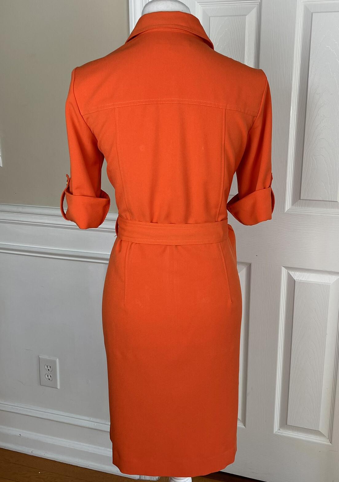 SHARAGANO Women  Dress Size 6 Orange Belted Zip Up A-Line Roll Tab Sleeves