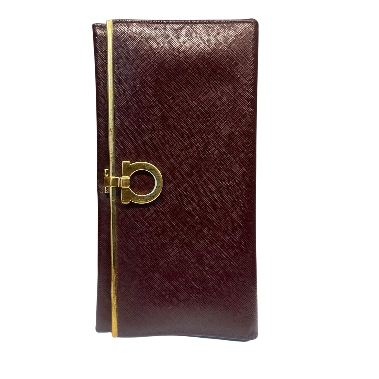 Salvatore Ferragamo Gancini Continental Long Wallet Maroon Saffiano Leather