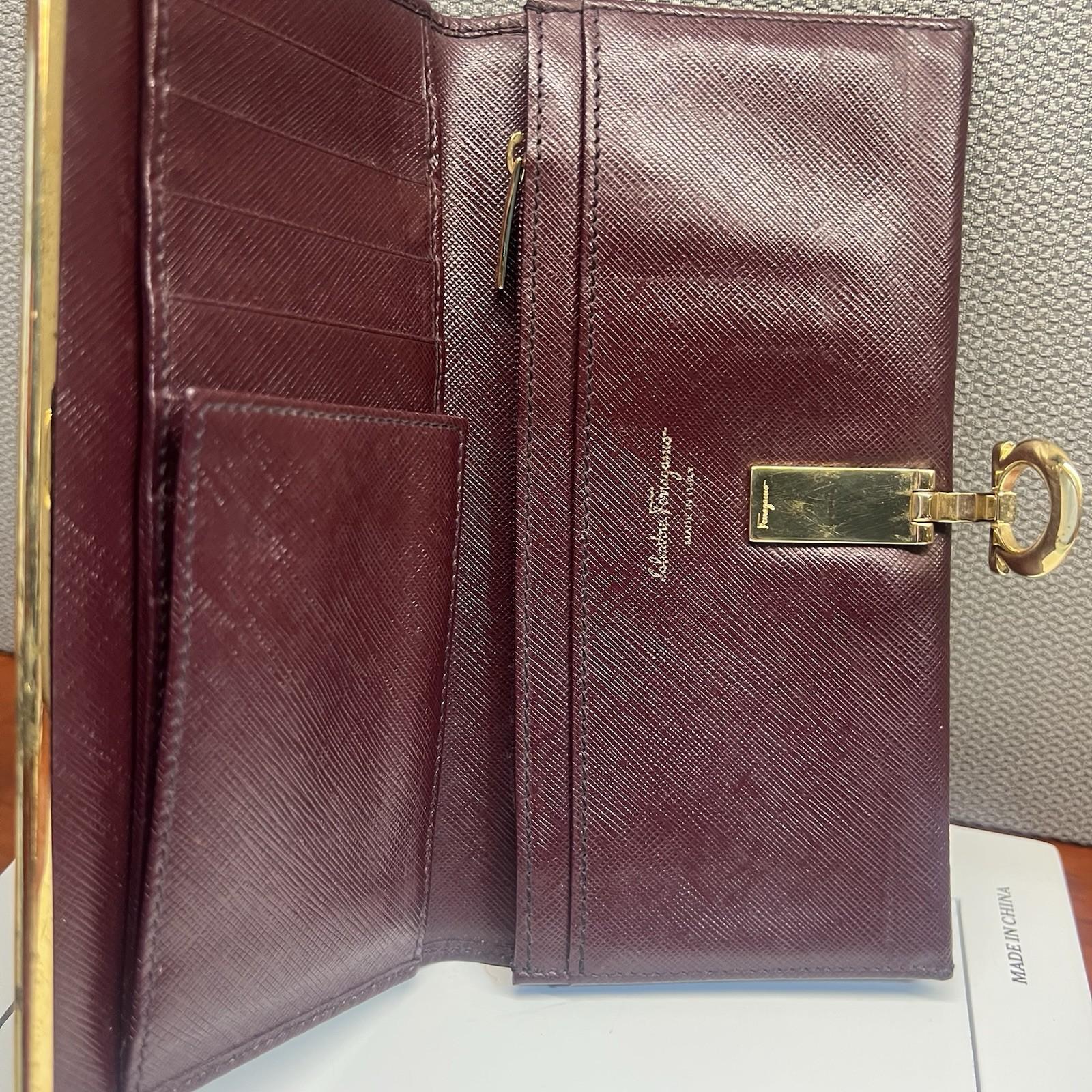 Salvatore Ferragamo Gancini Continental Long Wallet Maroon Saffiano Leather