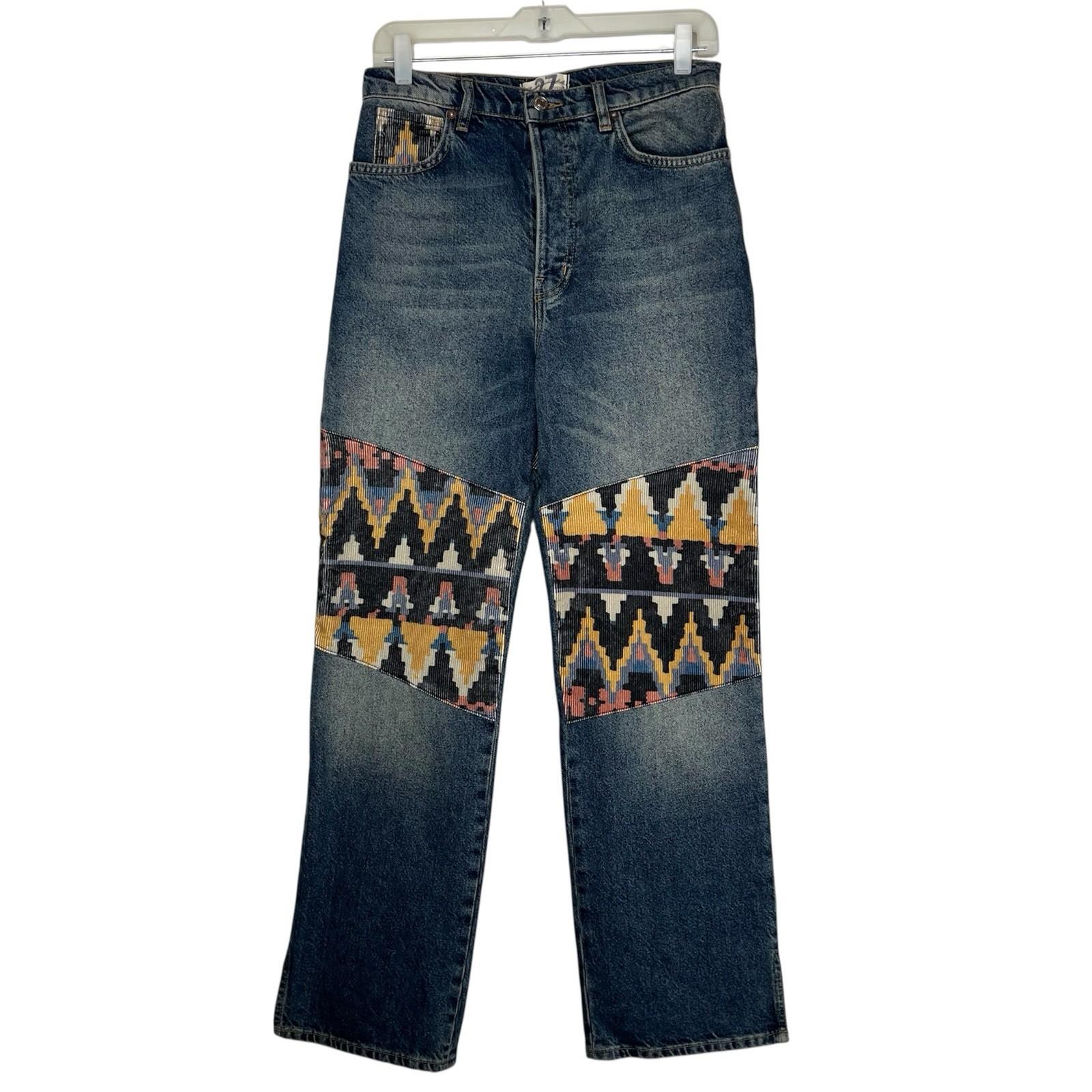 We the Free Rocky Mountain Straight Leg Blue Jeans Women 27 Southwest Patchwork