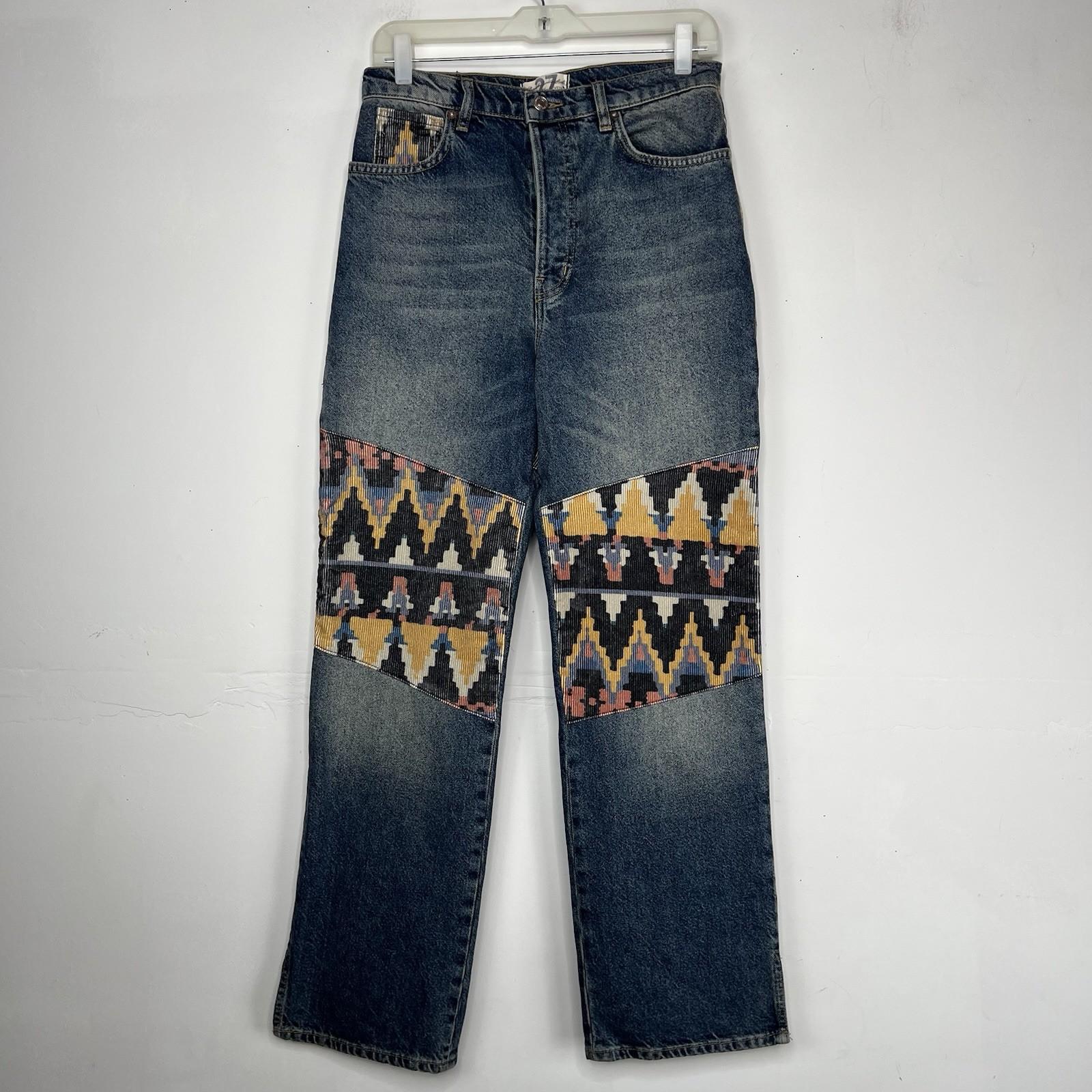 We the Free Rocky Mountain Straight Leg Blue Jeans Women 27 Southwest Patchwork
