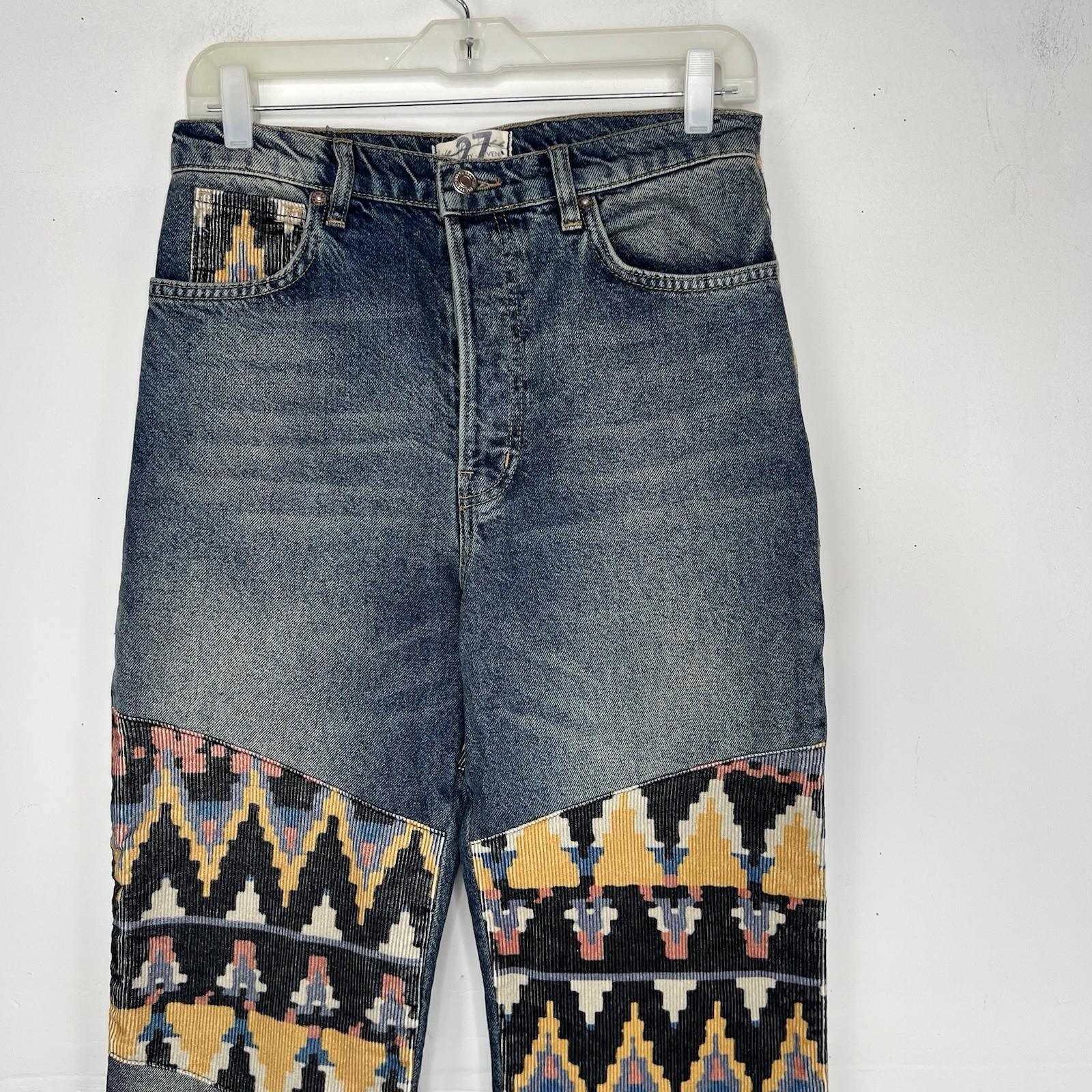 We the Free Rocky Mountain Straight Leg Blue Jeans Women 27 Southwest Patchwork