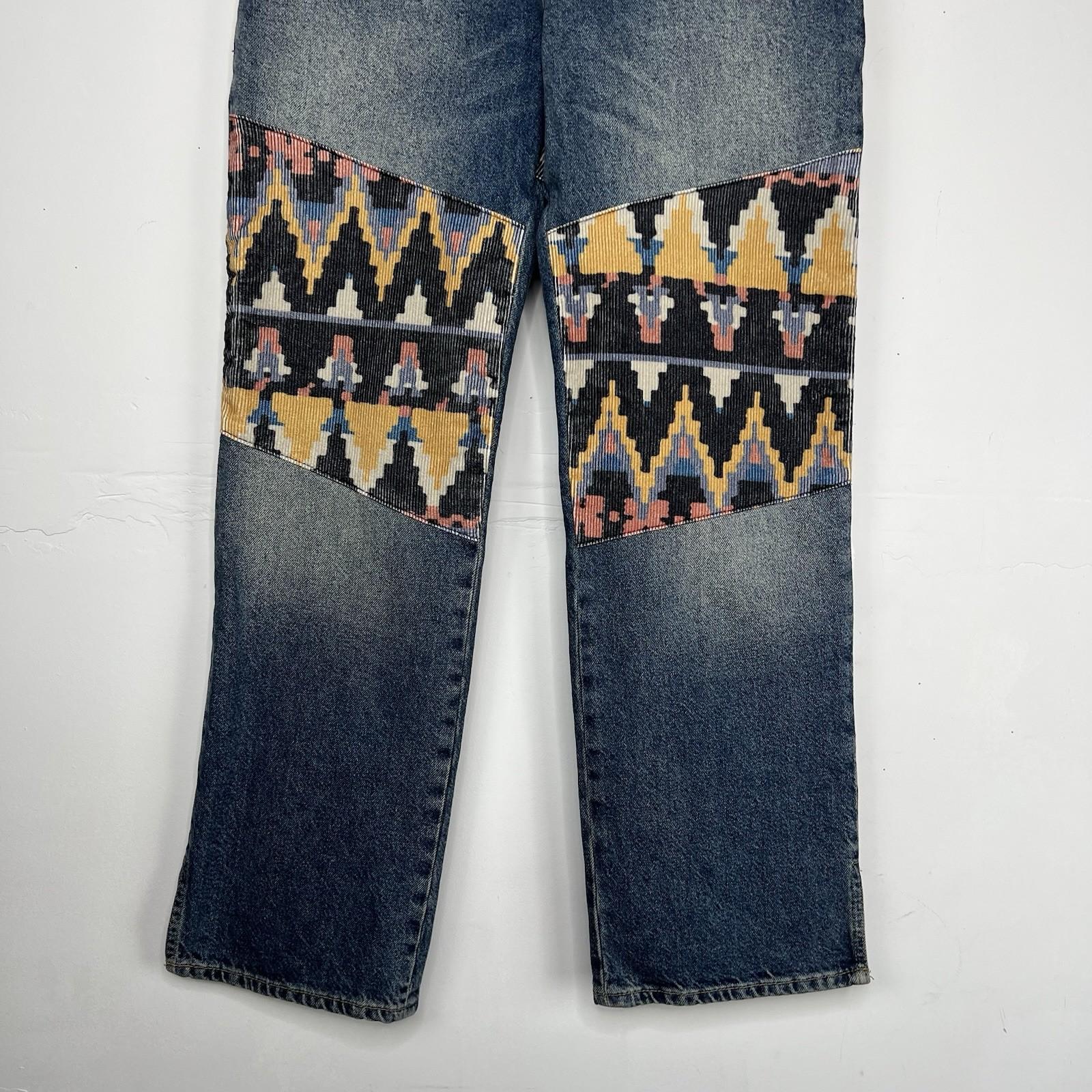 We the Free Rocky Mountain Straight Leg Blue Jeans Women 27 Southwest Patchwork