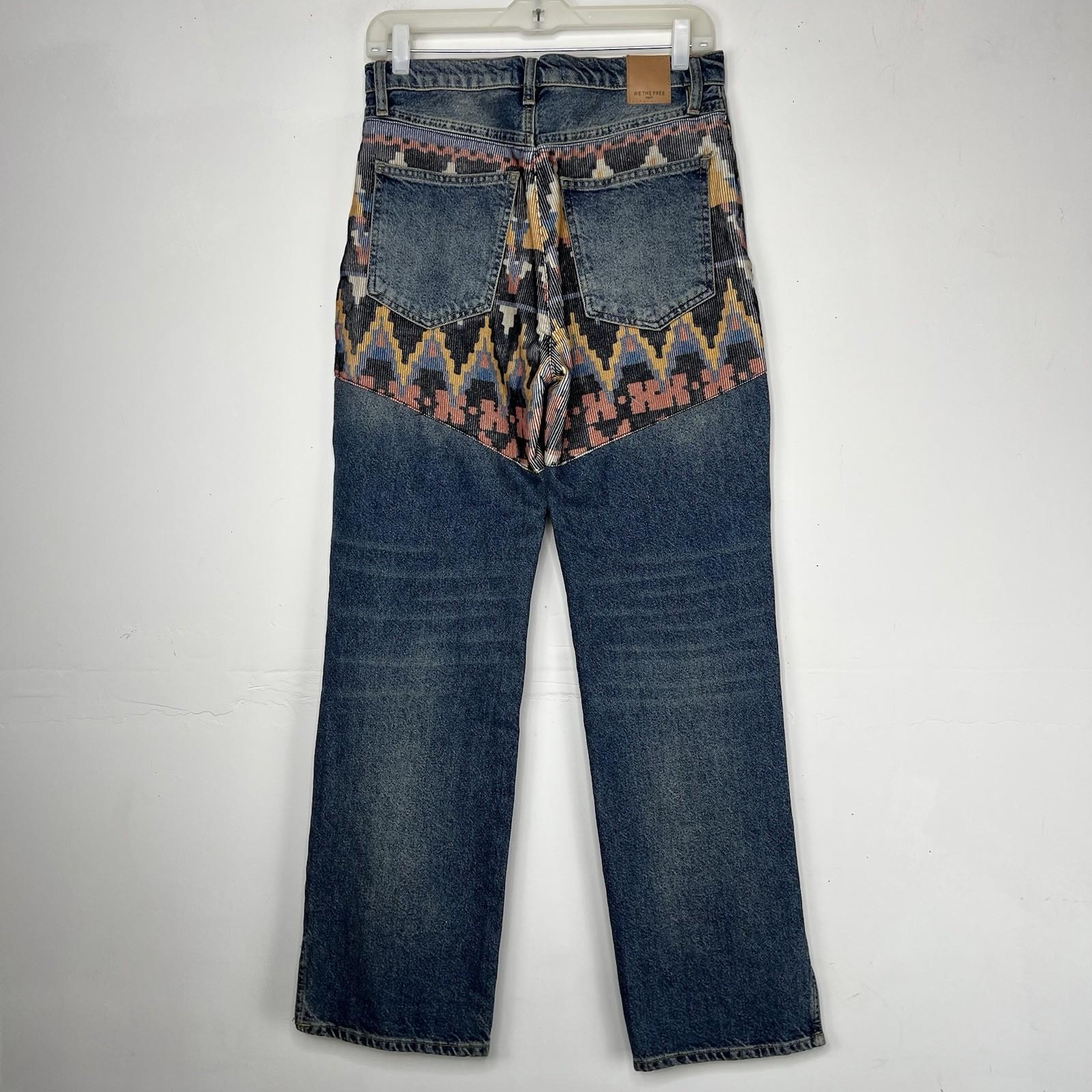 We the Free Rocky Mountain Straight Leg Blue Jeans Women 27 Southwest Patchwork