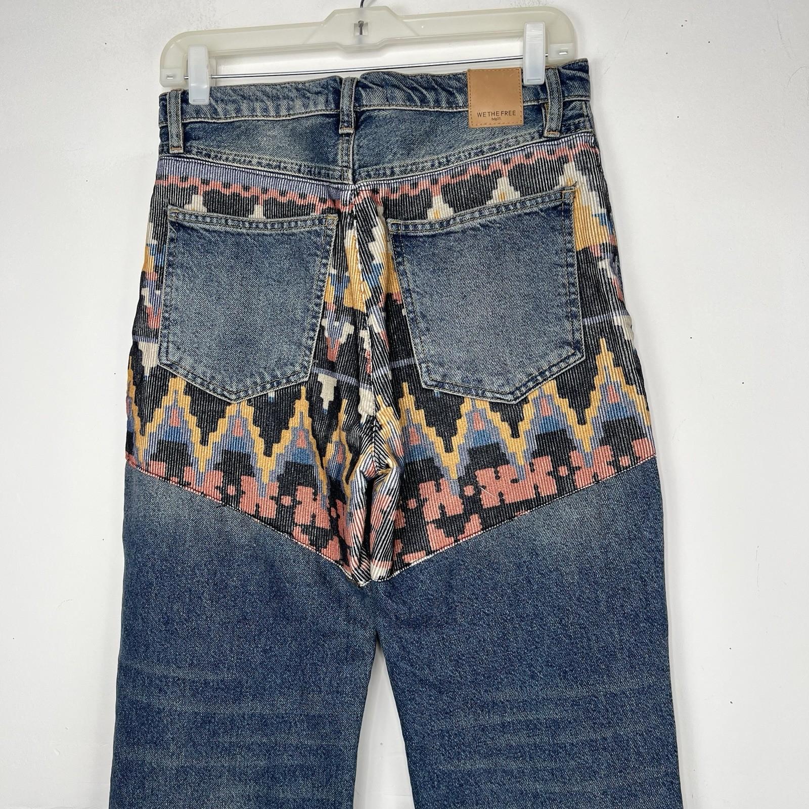 We the Free Rocky Mountain Straight Leg Blue Jeans Women 27 Southwest Patchwork