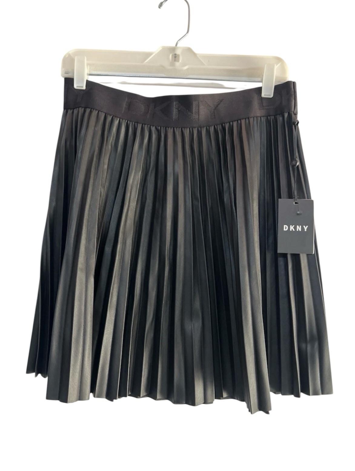DKNY Women Faux Leather Mini Pleated Skirt Size M Black Pull On Elastic Waist