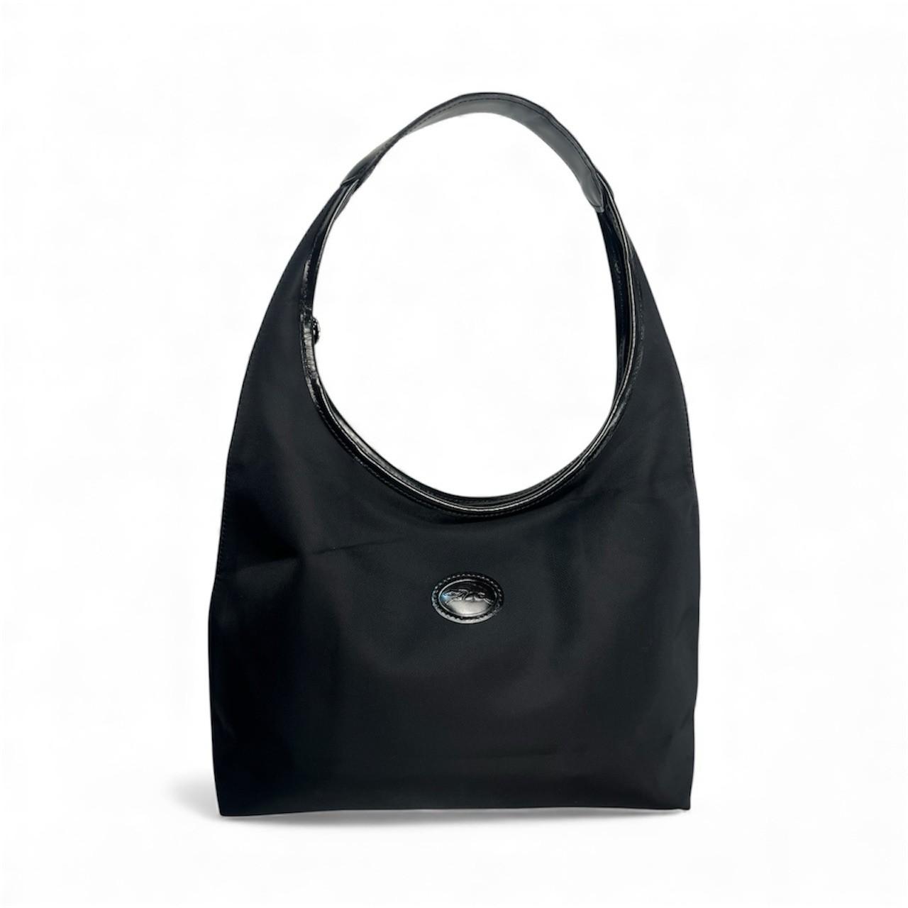 10-7591.jpg Longchamp Nylon Black Horse Pattern Rare Shoulder Tote Handbag