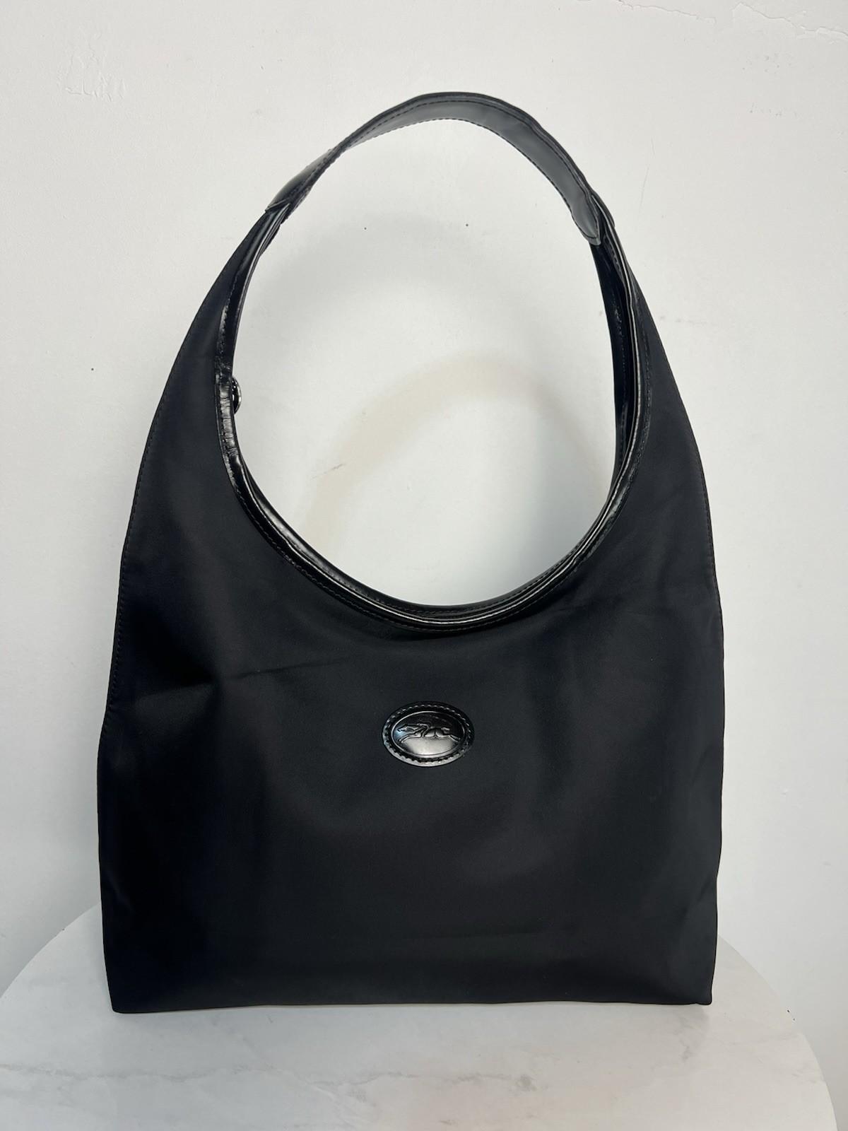 10-7592.jpg Longchamp Nylon Black Horse Pattern Rare Shoulder Tote Handbag