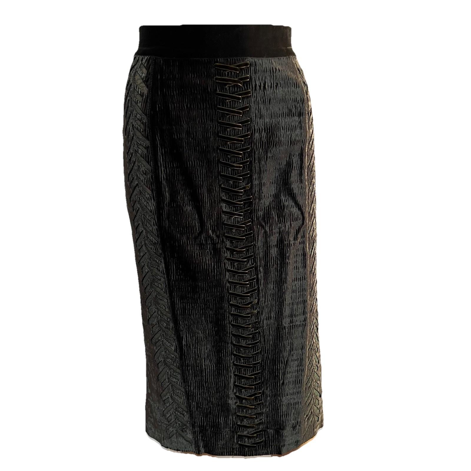 Byron Lars Beauty  Velvet Below The Knee Skirt Lace Size M Dark Green Bodycon